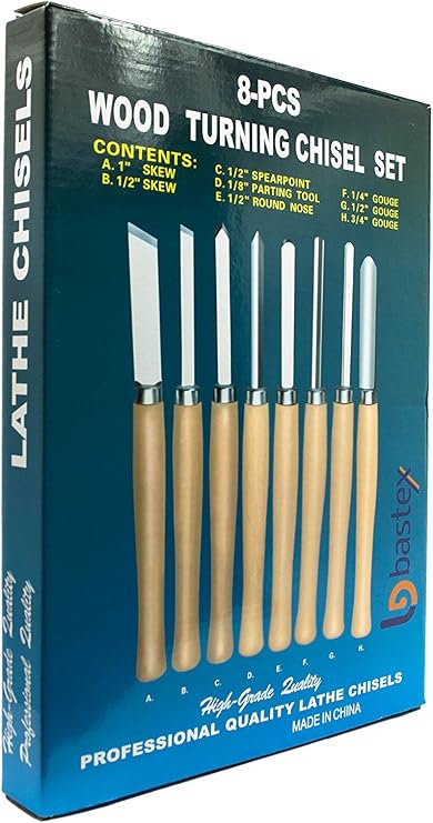 Bastex Professional Quality Wood Turning Chisel 8 pcs Set Included Lathes: 2 Skew 1 Spear Point 1 Parting 1 Round Nose & 3 Gouge Tools for Wood Working Professionals or Hobbyist. Starter Pack Kit