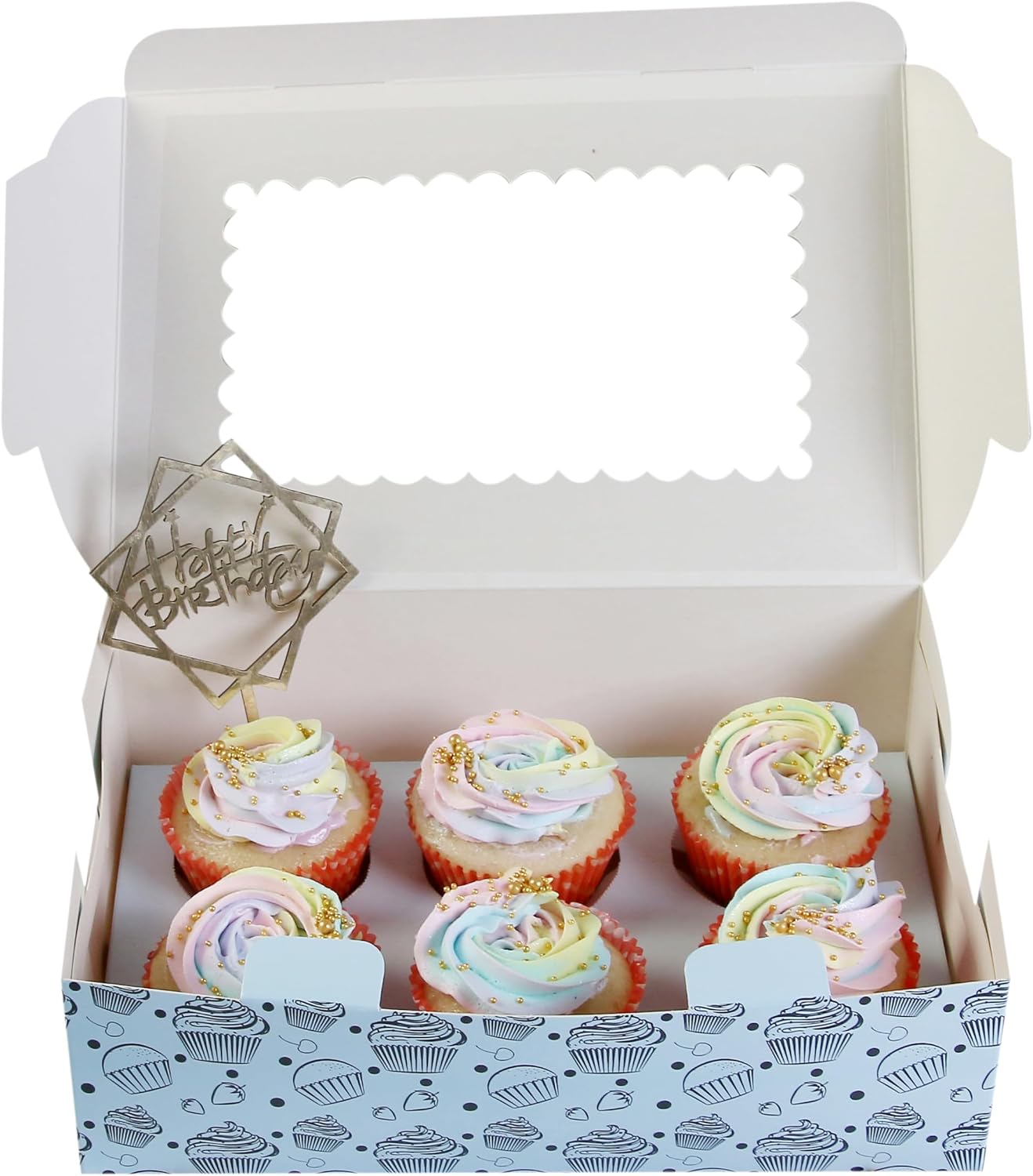 Cupcake and Muffin Boxes (Pack of 20), Fits 6 Treats comes with Insert trays, Tags and Twine (Blue)