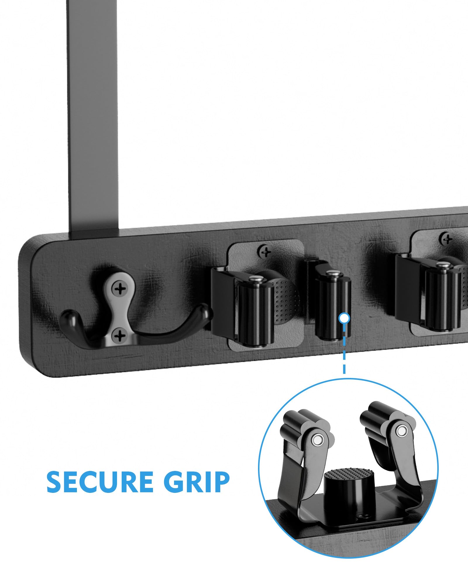 BS-VOG Over the Door Broom Holder, 4 Racks & 2 Hooks, Wood Mop & Broom Organizer - Image 4