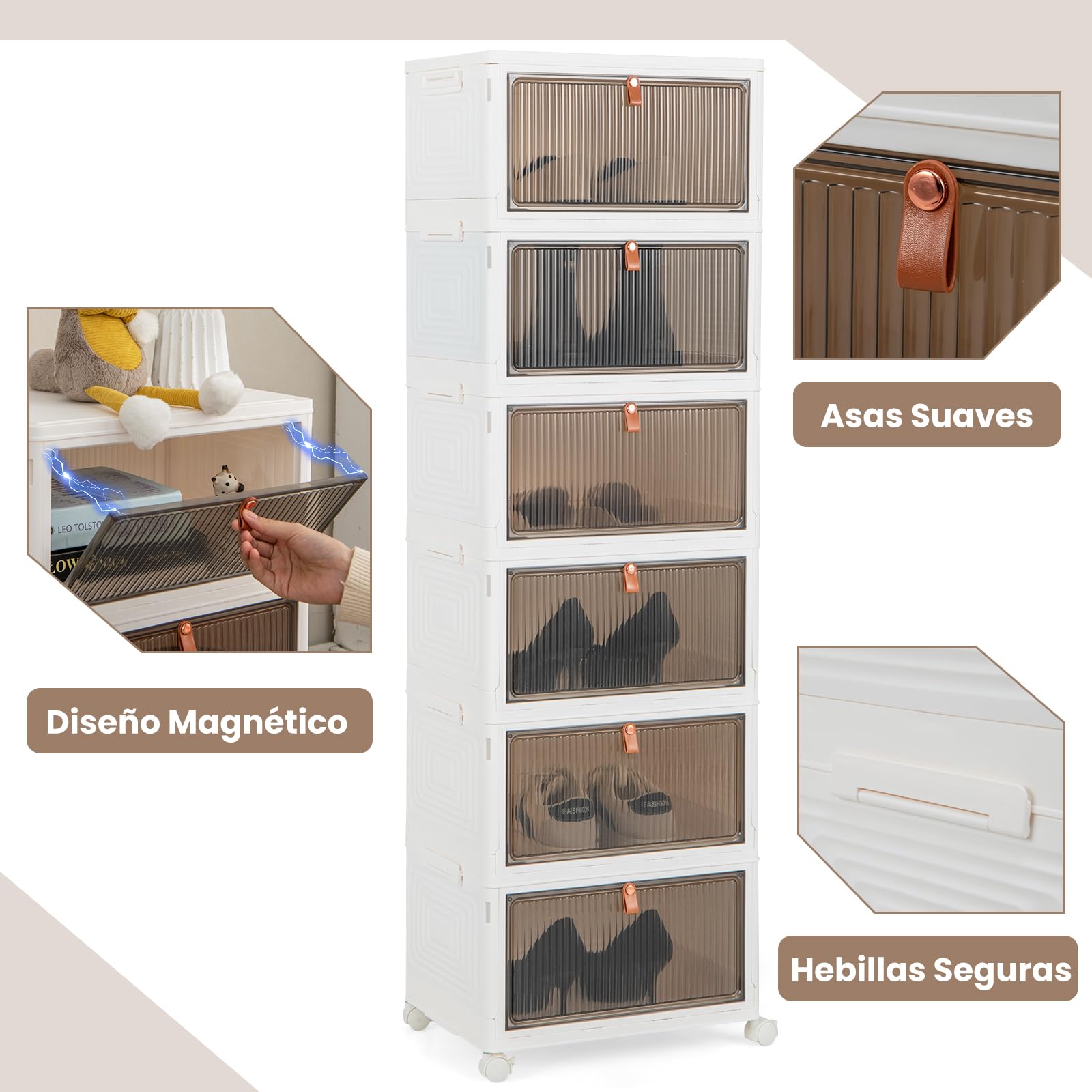 COSTWAY Cajas para Zapatos Plegable de 3/4/6 Niveles, Cajas Almacenaje Zapatos con Puertas Magnéticas Transparentes/Ruedas Universales Bloqueables, Caja Zapatero Plástica (6 niveles)