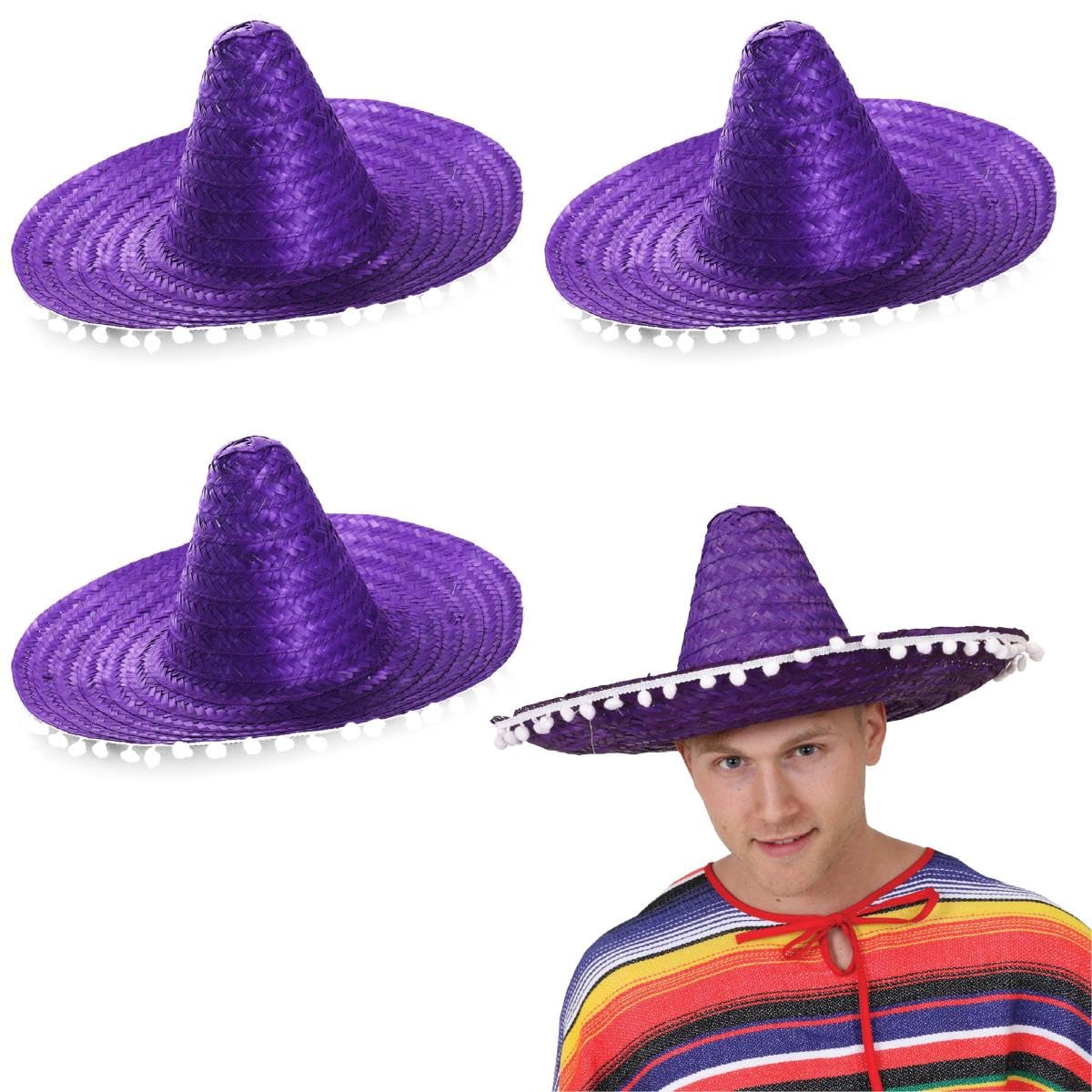 Adults Sombrero Hat - Purple Mexican Sombrero With White Pompom Details - Mens Ladies Mexican Cinco De Mayo Fiesta Fancy Dress Costume Accessory (Pack of 6)