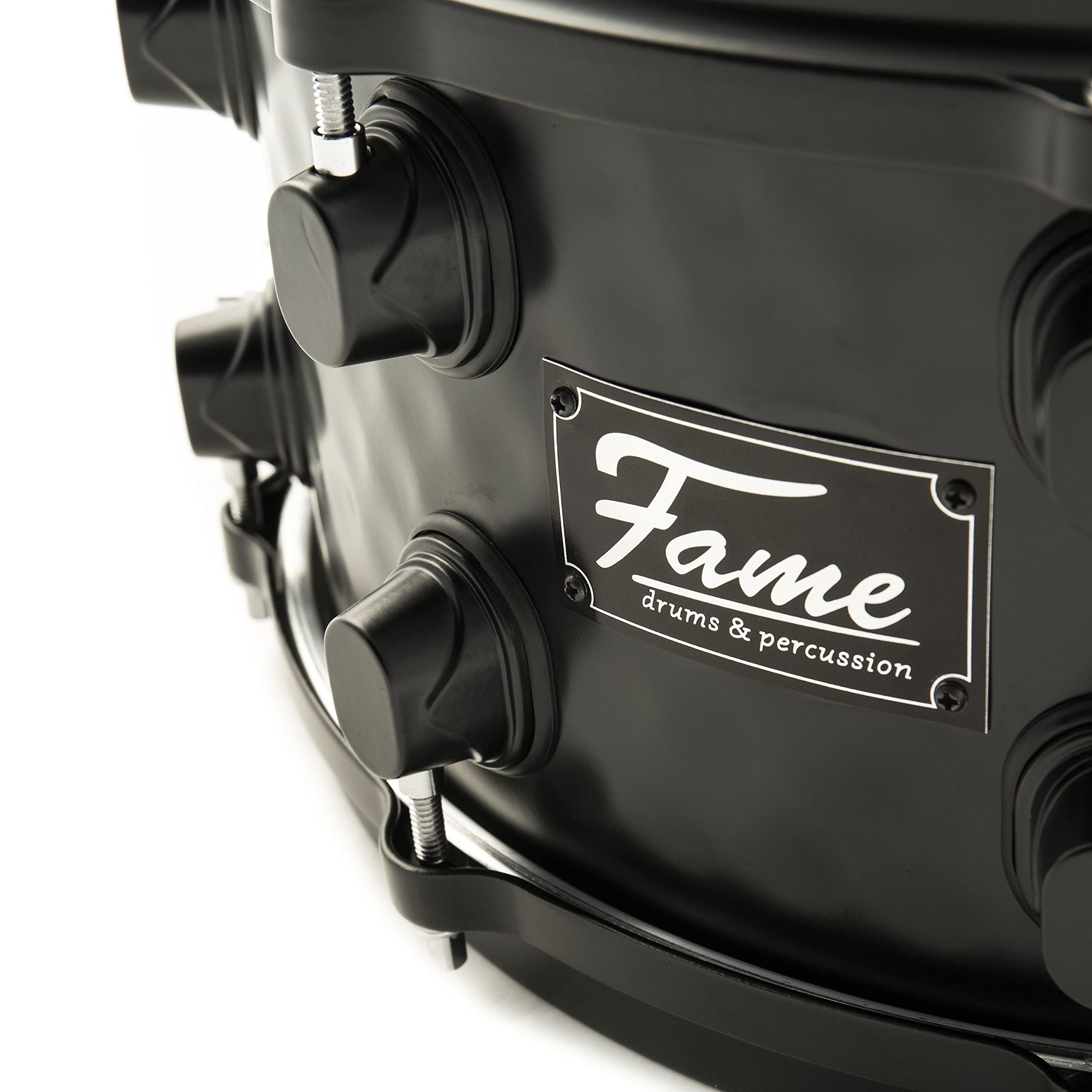 Fame FSS-65 Snare Drum, 14"x6.5", Hammered Black Steel, Professional Quality, Remo Skins, Die-Cast Hoops, 10 Tuning Screws, Includes Drum Sticks, Ideal for Beginners"