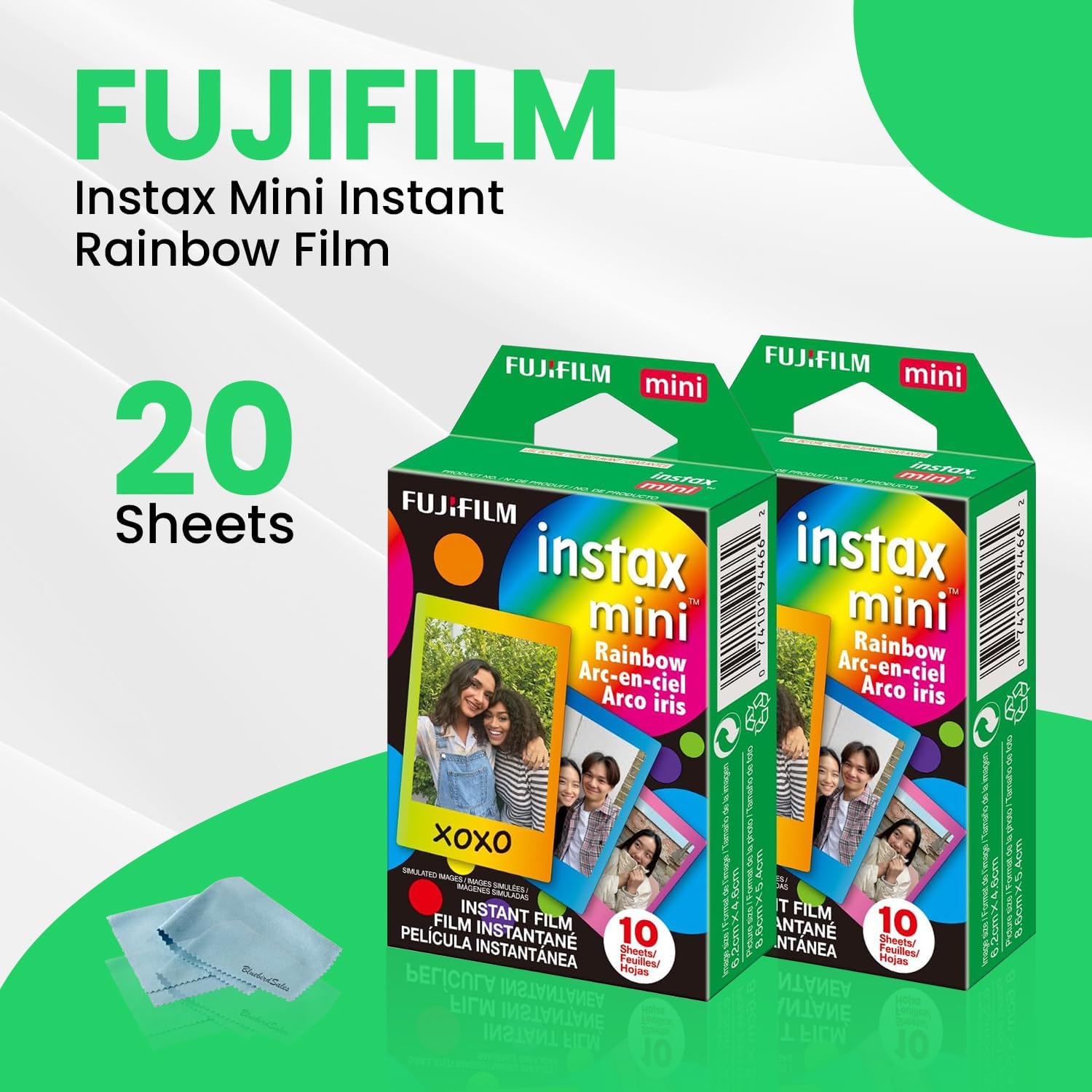 Fujifilm Instax Mini Instant Rainbow Film, 20 Sheets + BluebirdSales Microfiber Cleaning Cloth