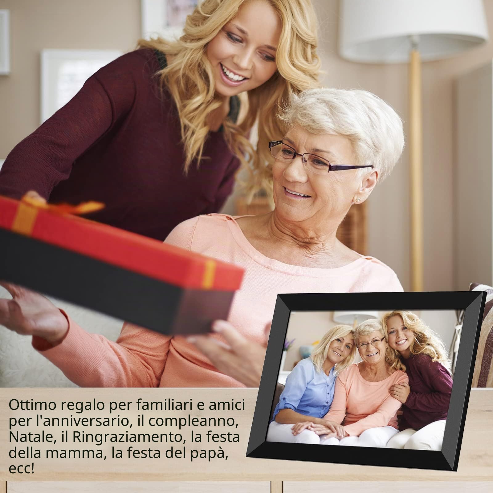 Cornice per foto digitale WiFi 10,1 pollici schermo touch screen LCD IPS 1280x800 memoria integrata da 32 GB rotazione automatica condividi momenti istantaneamente tramite l'app