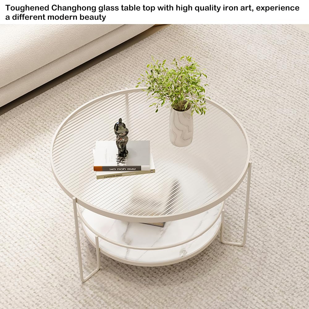 Runder Glas-Couchtisch, 2 Ebenen, weißer Metallrahmen, 60 cm