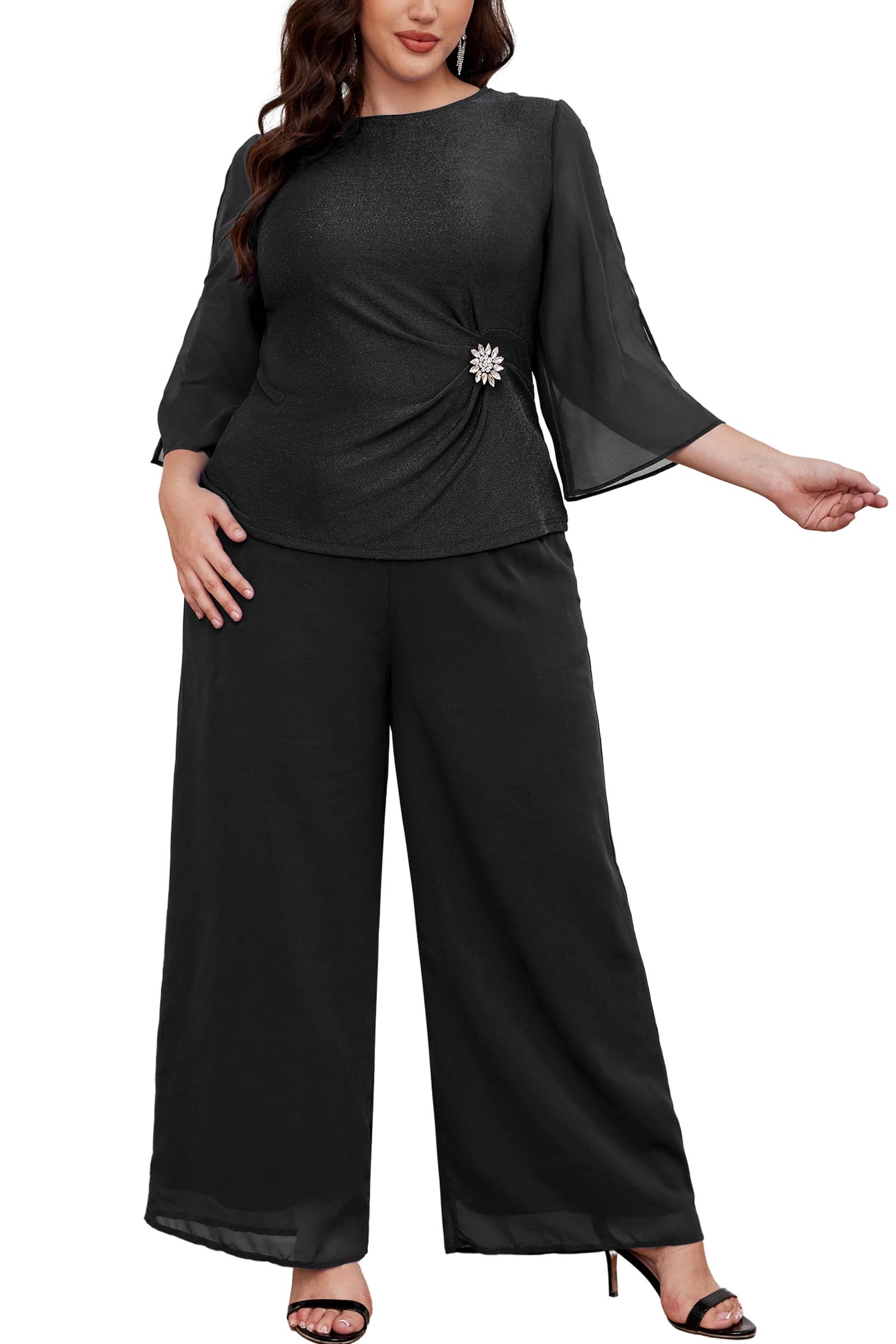 AOVDE Plus Size Pant Suits Mother of Bride Dressy Pant Suits 2 Piece Outfits with Pockets for Women