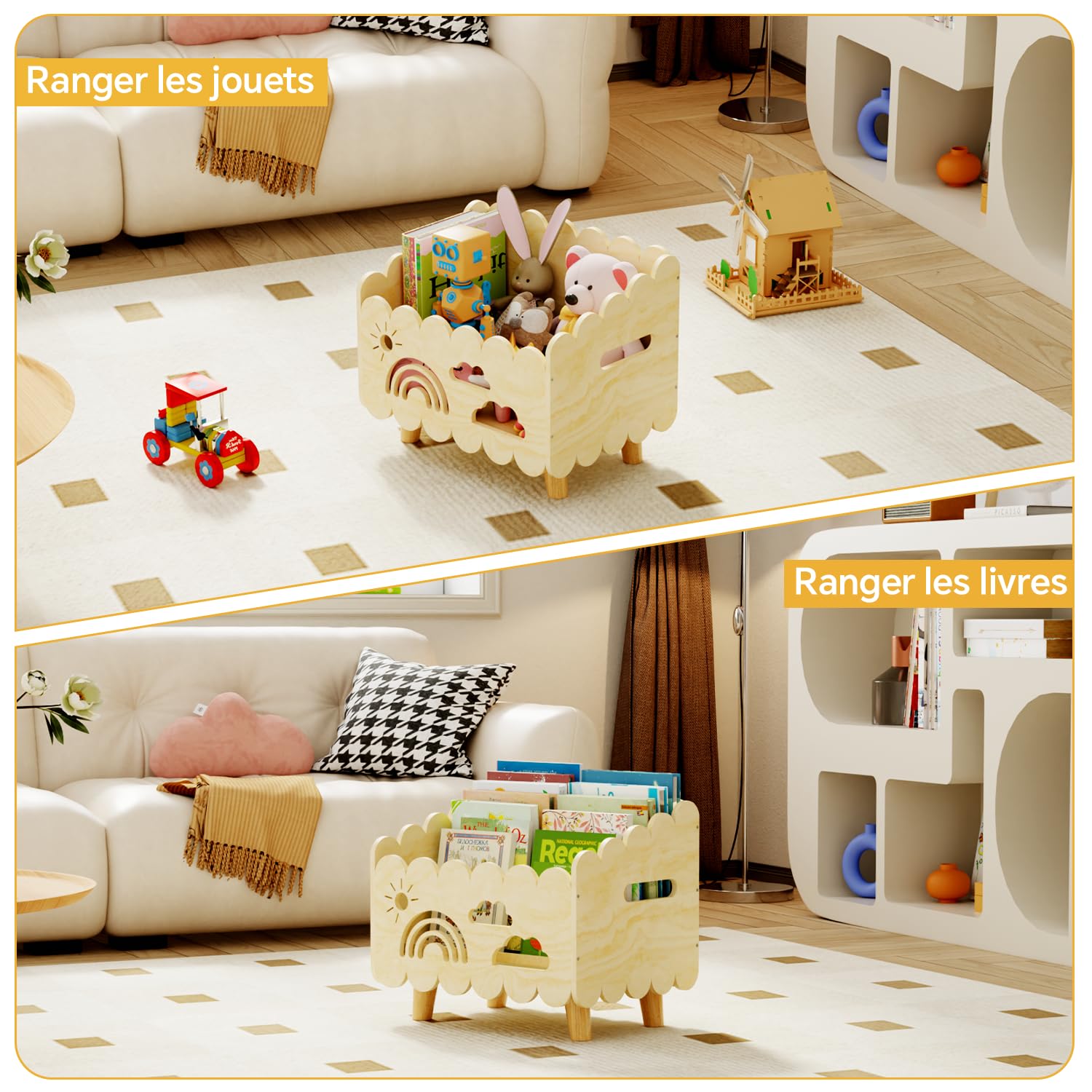 Bibliotheque Enfant Bois, Meuble Rangement Livre Enfant, Coffre à Jouet Bibliothèque Montessori, pour Chambre Bebe, Enfant et Salle de Jeux, Etagere Range Livre Enfants, Caisse a Jouet