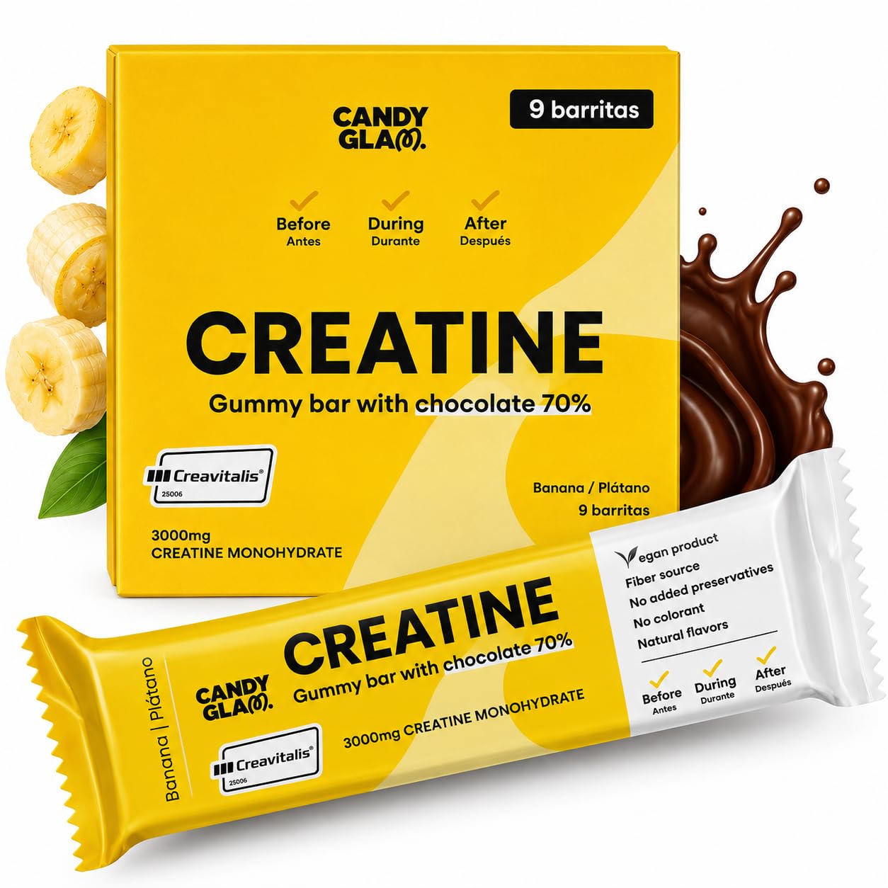 Candy Glam Pack 24 Barritas Gominola | 12 Frutos Rojos con Cafeína, Taurina y Vitaminas + 12 Creatina, Plátano y Chocolate 70% | Snack Deportivo para Energía y Entrenamiento