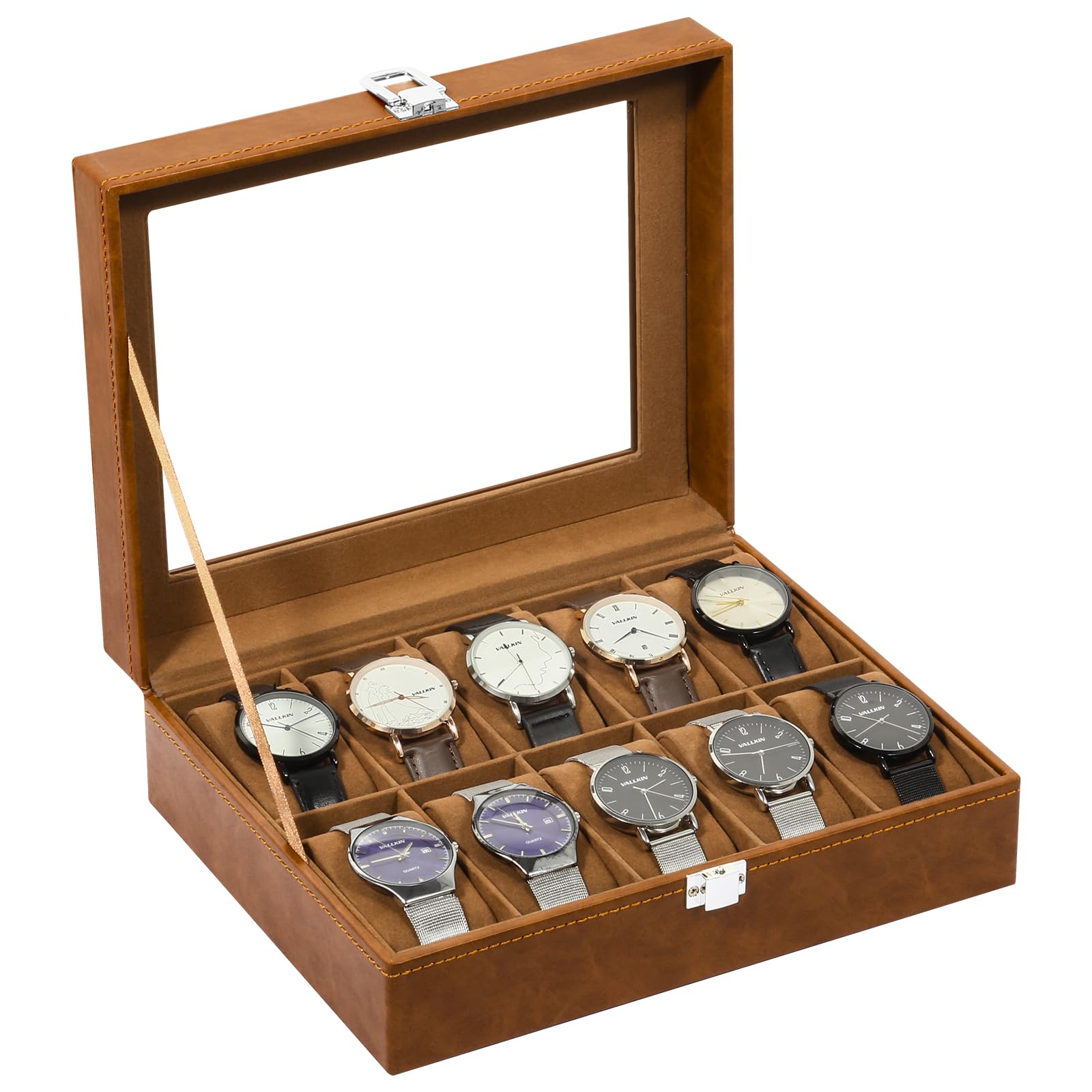 Uten 10-Slot Watch Box, PU Leather Watch Case with Glass Lid, Brown