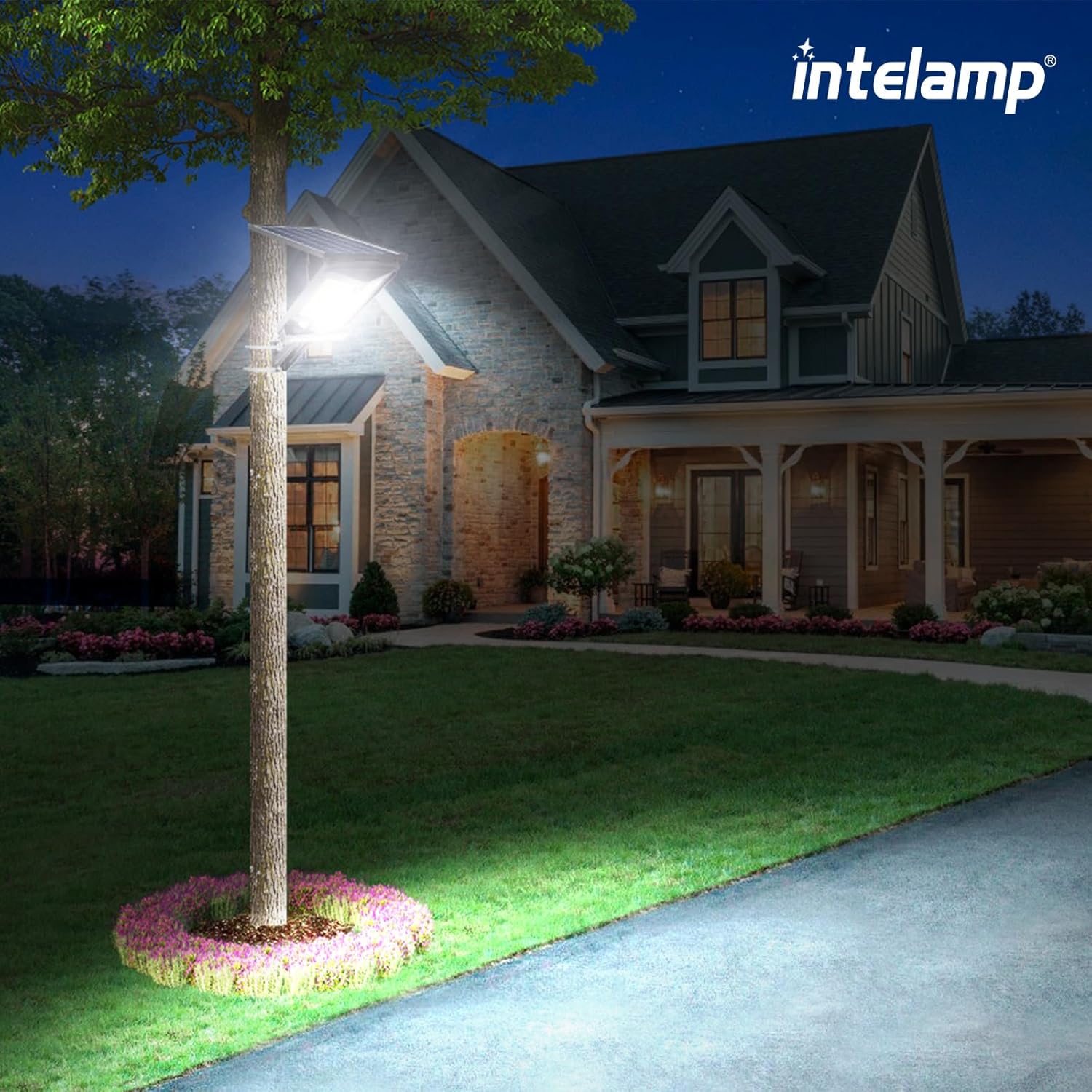 intelamp Solar Street Lights Outdoor Waterproof 3000LM 12500mAh Dual Motion Sensor Dusk to Dawn Security Floodlight Lamp Outside, LED Flood Lighting Exterior with Remote for Parking Lots Patio Yard