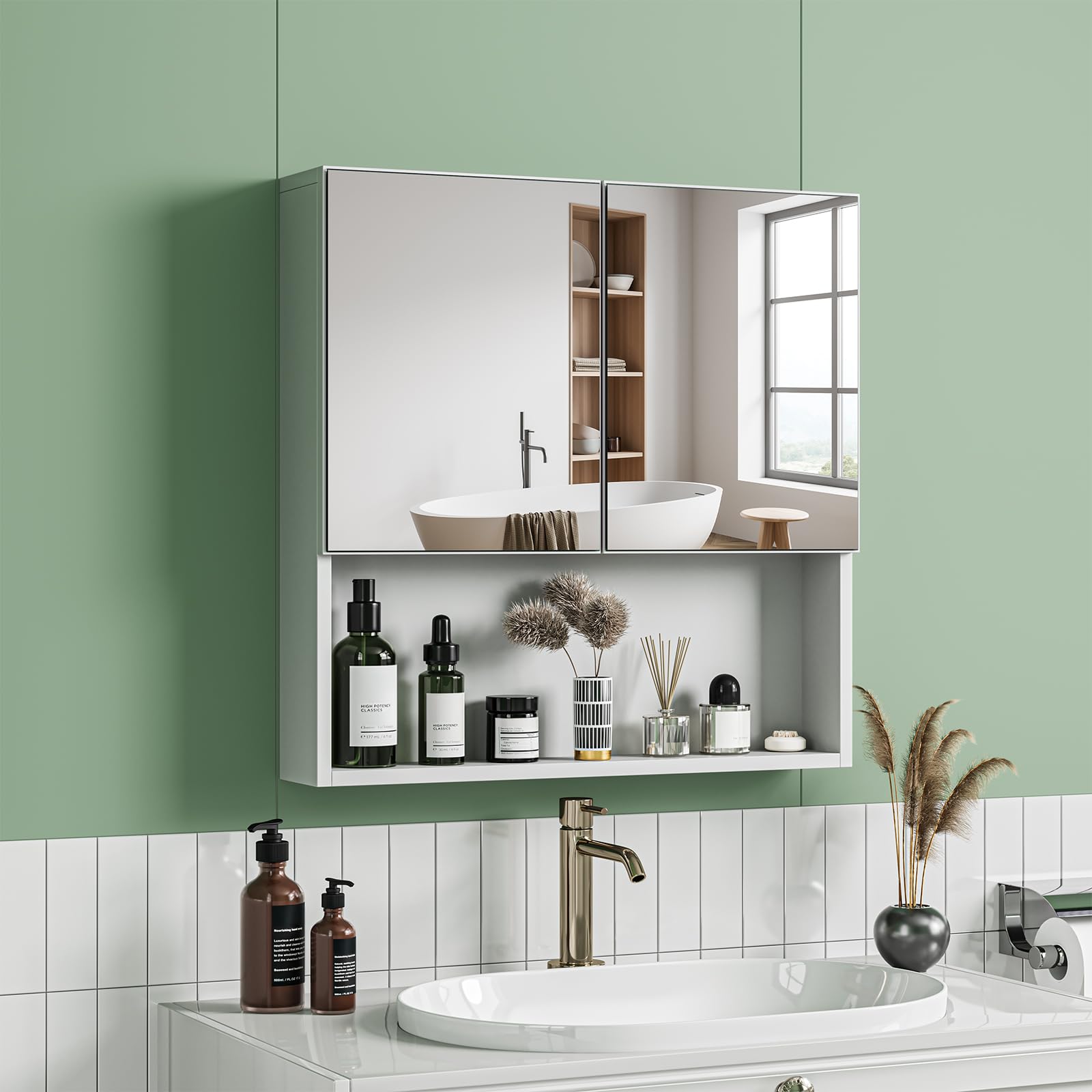 Dripex Double Door Mirror Cabinet with Open Shelf, 60 x 60 x 12 cm, White