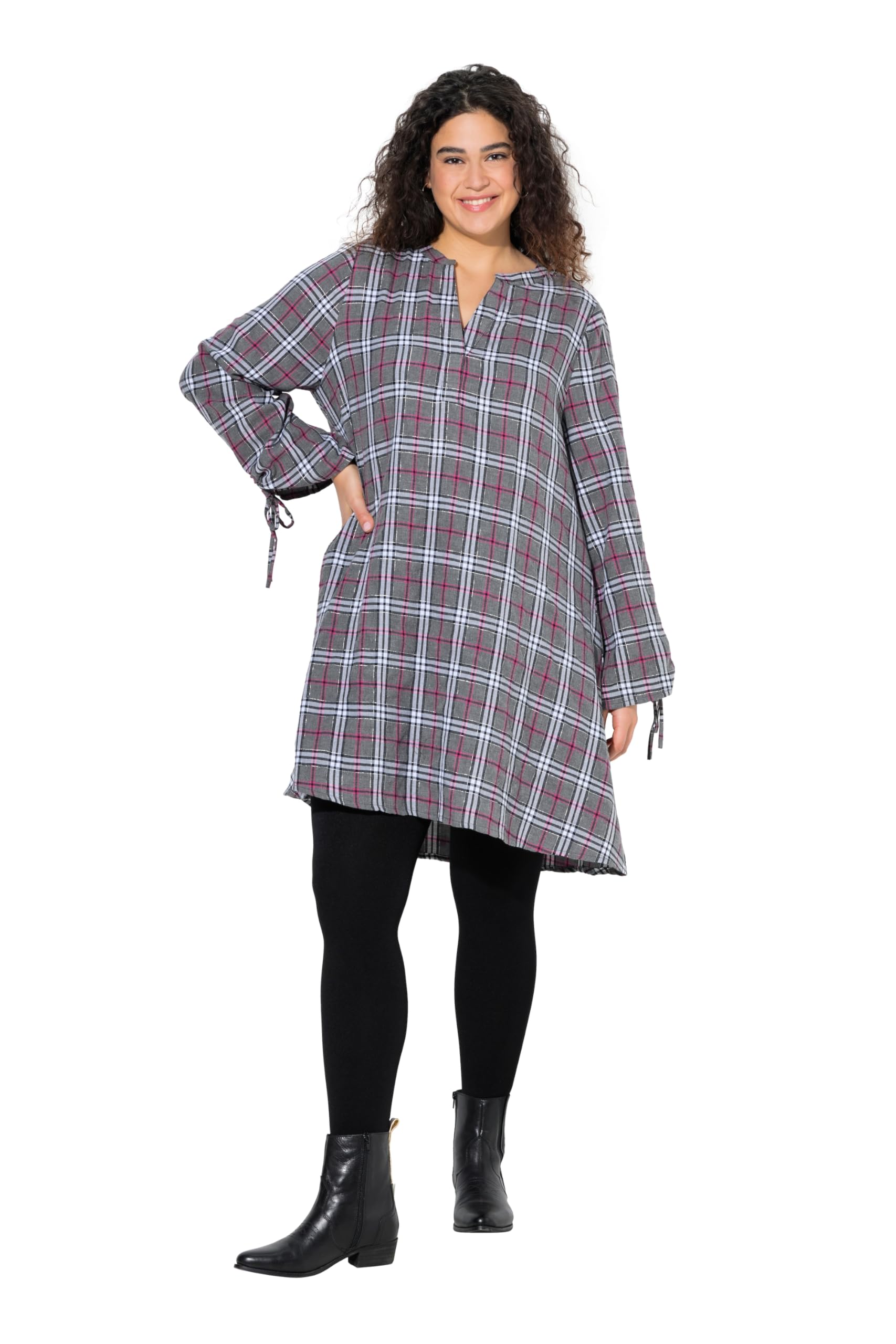 Ulla Popken Damen große Größen Übergrößen Plus Size Tunika-Kleid, Karo, Glitter, Tunika-Ausschnitt, Langarm 845483