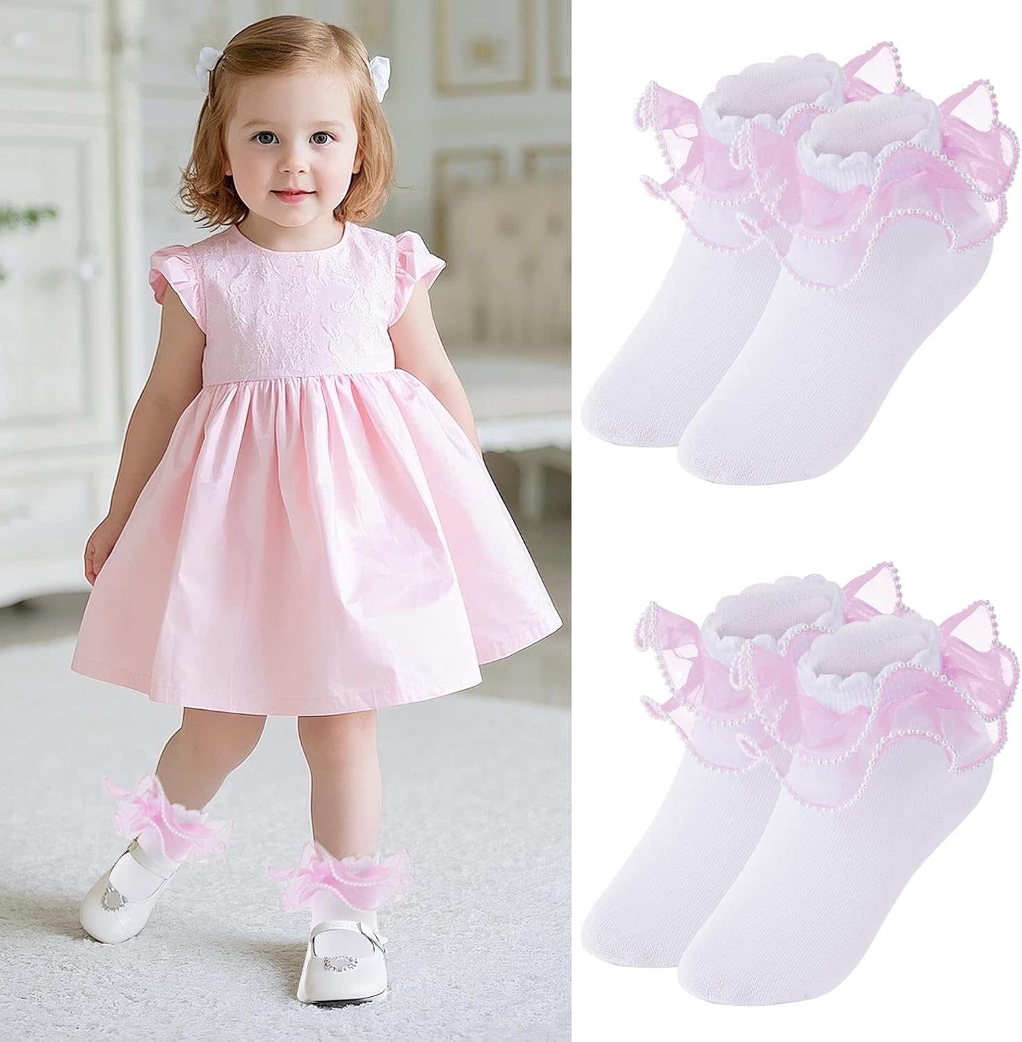 2 Pack Girls Frilly Ruffle Socks Cute Pearls Lace Socks for Toddler Little Girls Dress and Daily - Image 2