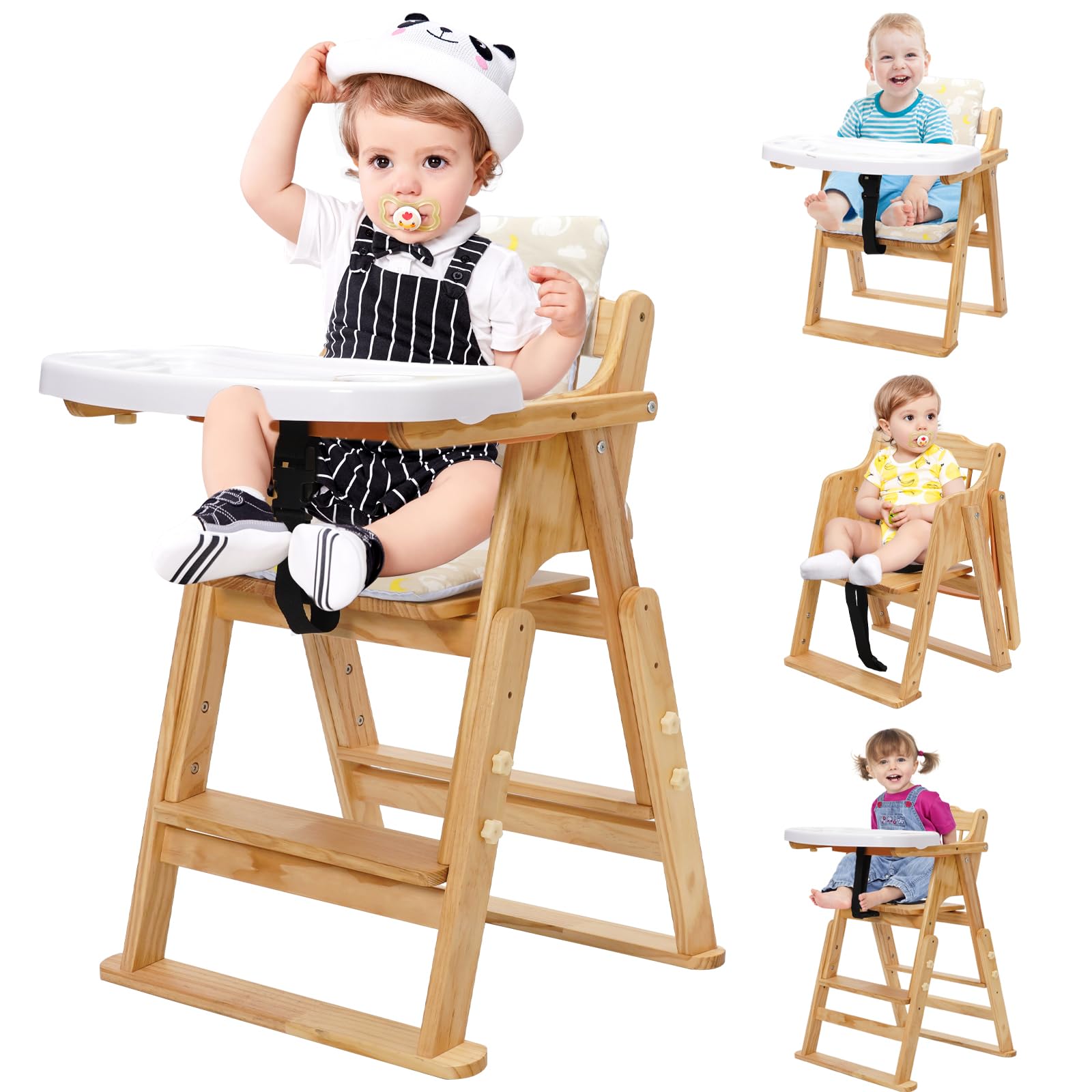 Siairo 4 in 1 Klappbar Hochstuhl Baby, Höhenverstellbarer Holzhochstuhl für Kinder von 6 Monate bis 10 Jahren, Verstellbarer Sitz, 3-Punkt-Sicherheitsgurt, Stuhl wächst mit dem Baby, Naturholz