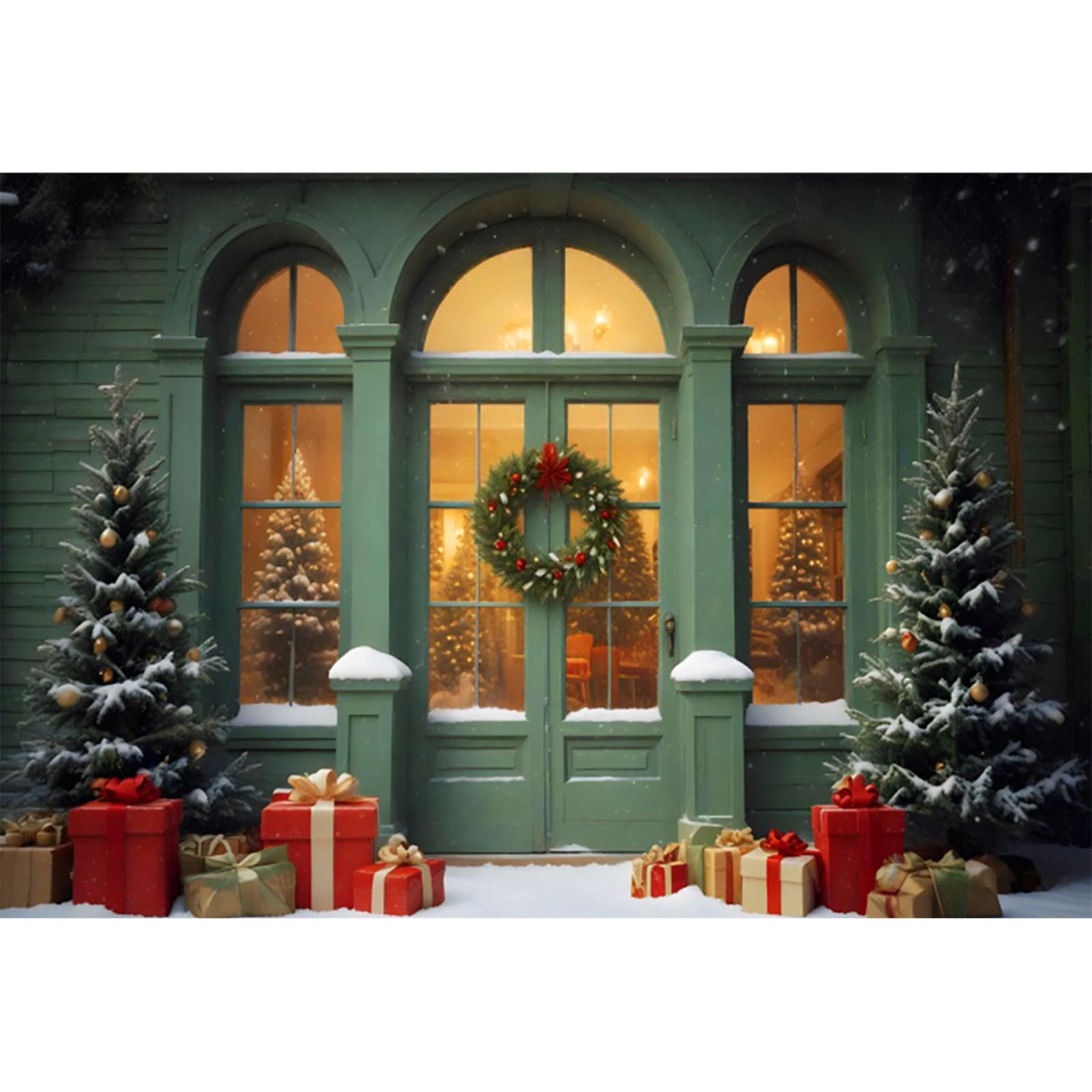YongFoto 3,5x2,5m Notte di Natale Fondali per la fotografia Regali di Natale di Green House Door Albero di Natale Ghirlanda Festival Sfondo per festa a tema invernale Servizio fotografico Oggetti