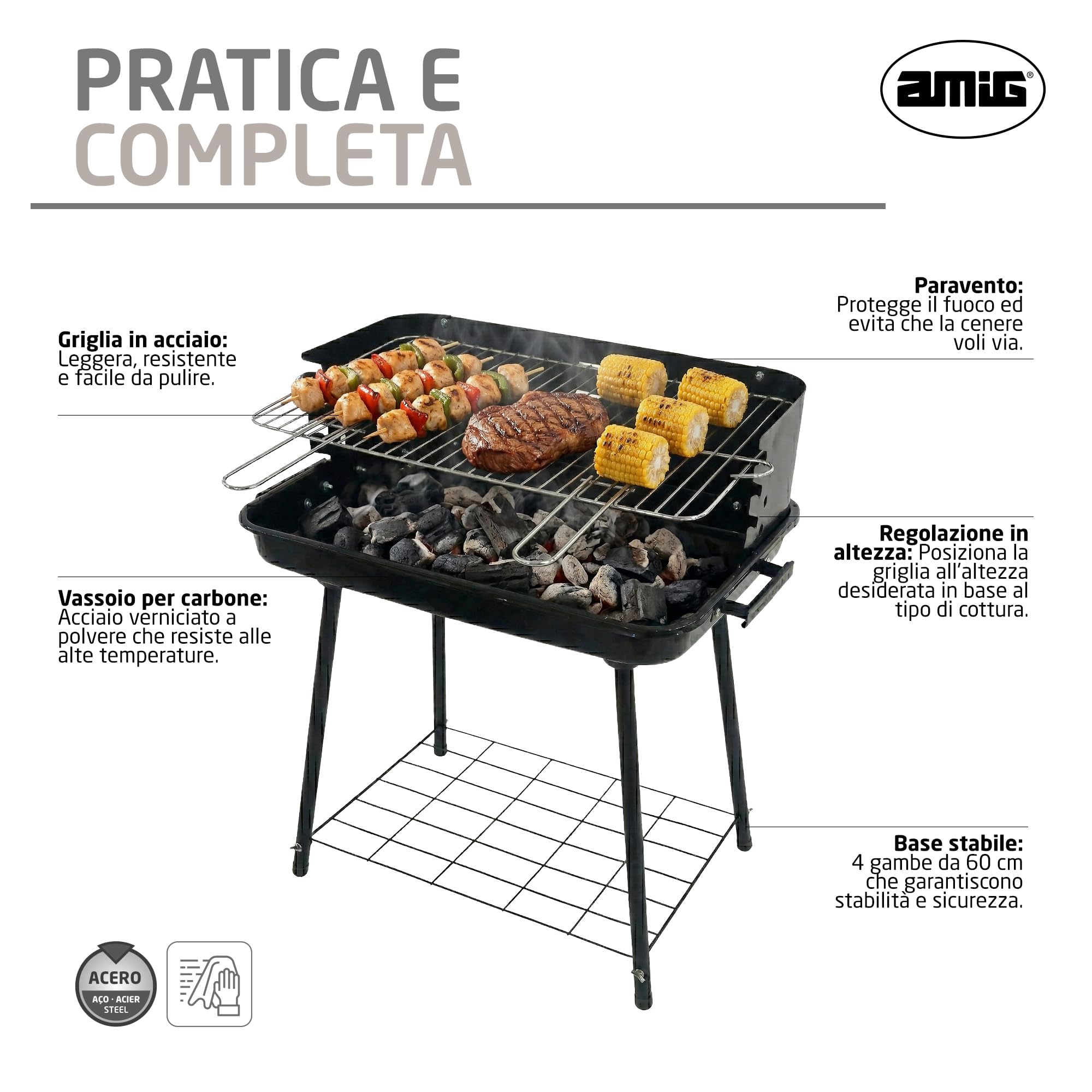 Amig - Barbecue a carbone - 67 x 40 x 82 cm - Nero - Fabbricata in Acciaio - Giardino e patio - per riunioni all'aperto con esperienza d'uso comoda e facilità di pulizia dopo ogni utilizzo. Mod. ORYX