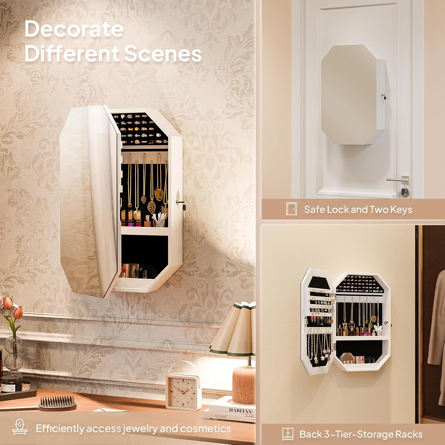 Bonnlo Modern Diamond-Shaped Jewelry Armoire, Lockable Octagonal Jewelry Cabinet Organizer with Mirror, Wall Mounted for Space Saving