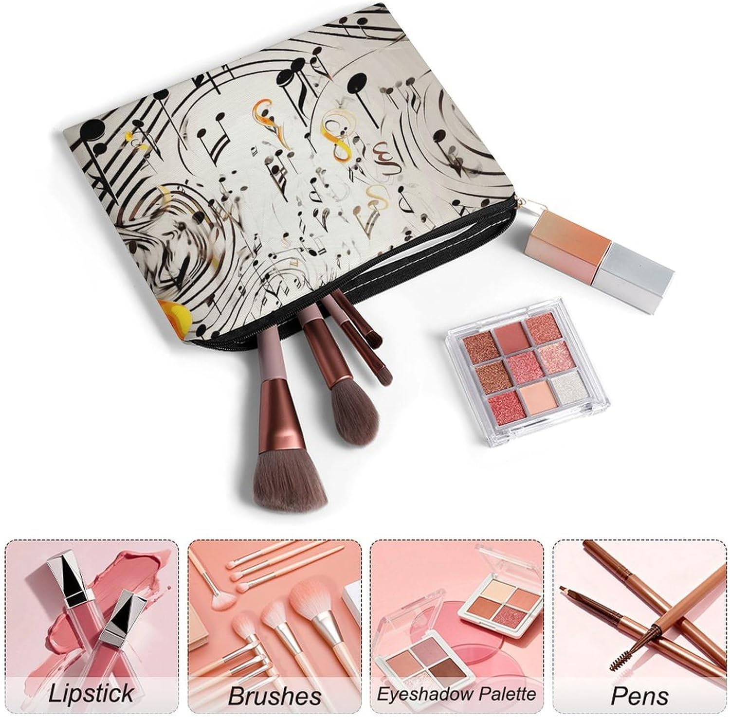 Music Notes Print Makeup Bag for Travel, Large Capacity Toiletry Bag with Zipper, Leather Cosmetic Organizer Bag, Waterproof Cosmetic Storage Case with Hook, Makeup Case image 3