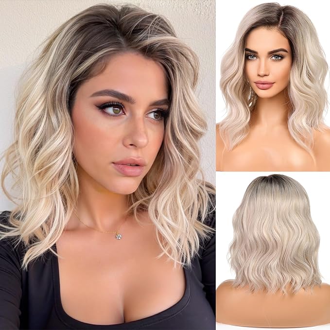 HAIRCUBE Synthetic T Lace Front Wig,Side-Parted Glueless Lace Wigs for Women, 16-Inch Shoulder Length Wavy Style for Daily Wear, Party & Date (Platinum Blonde)