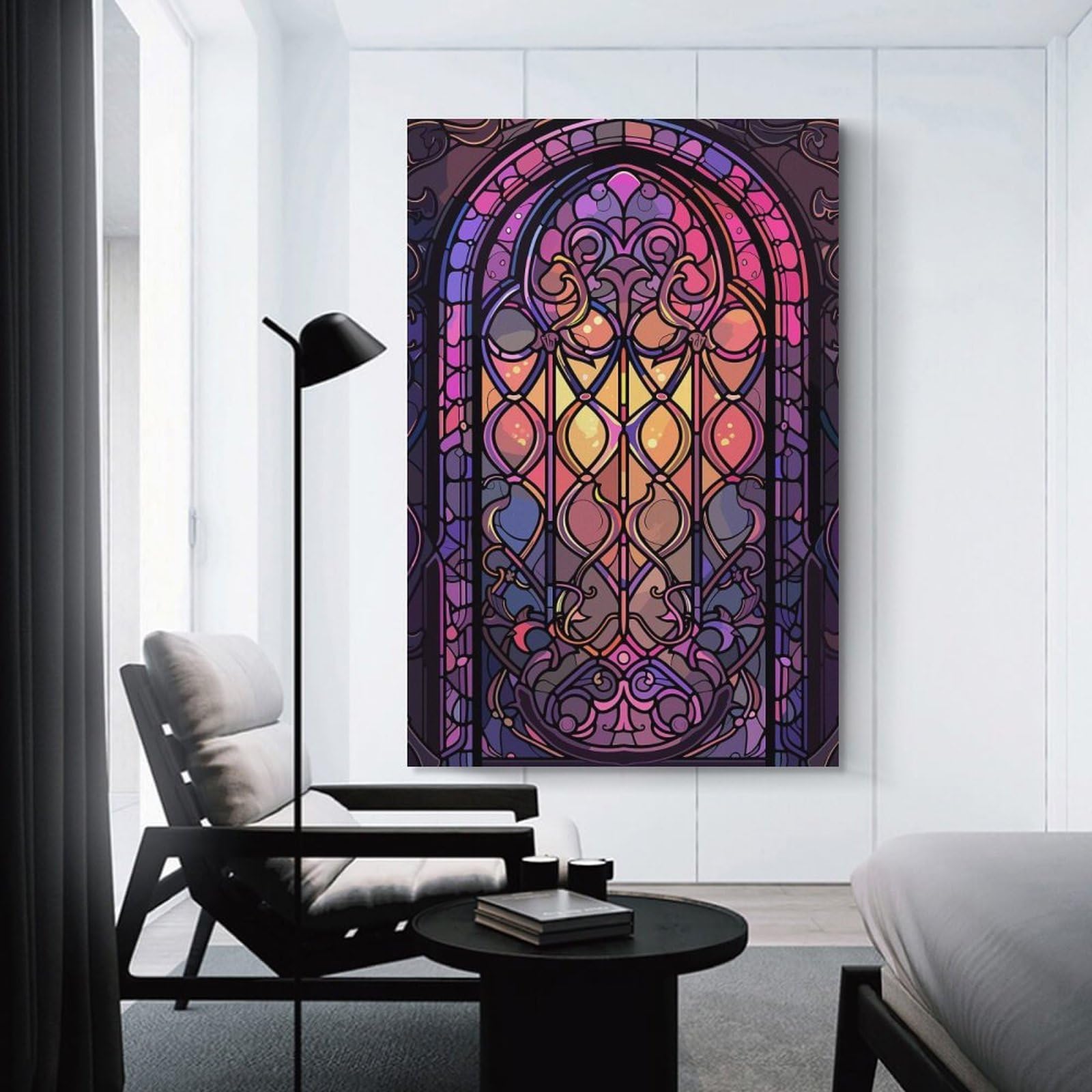 Junmoney Gothic Stained Glass Window Canvas Wall Decor 20x30inch(50x75cm), for Home Lounge, Bedroom Or Reading Nook, A Home Accent with Warm Character