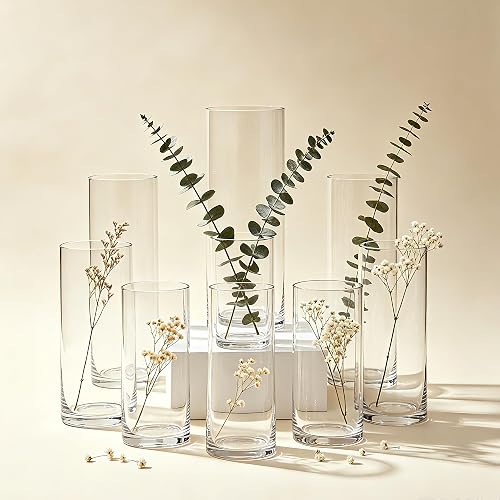 SPORTYOUTH Glass Cylinder Vases,9 Pack Clear Vase, 3 Each 4"/8"/12" Tall | Modern Flower Vases for Table Centerpieces, Hurricane Floating Candle Vases for Wedding Party Events Home Floral Decor