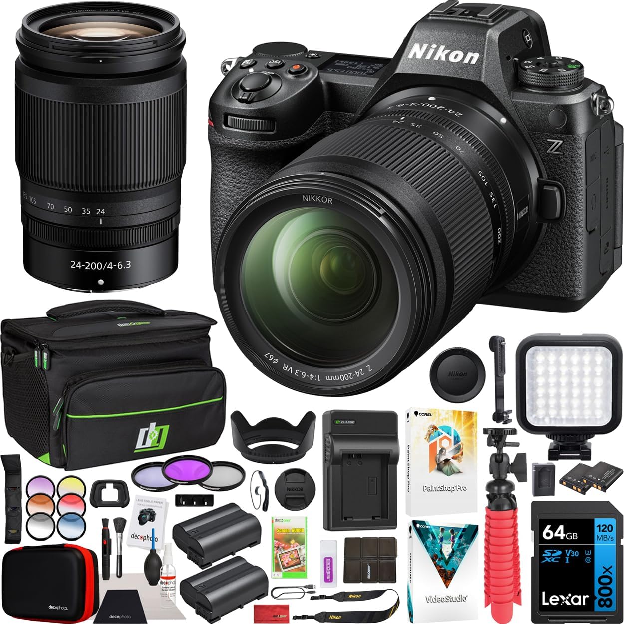 Nikon Z6III Full Frame Mirrorless FX 6K Camera Body with NIKKOR Z 24-200mm f/4-6.3 VR Lens 1890 Bundle with Deco Gear Photography Bag + Extra Battery + LED + Filters + Software Kit and Accessories