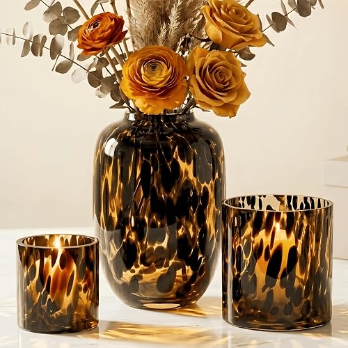 Amber Tortoise Shell Glass Vase & Candle Holder Set of 3, Hand Blown Farmhouse Centerpiece, Vintage Warm Home Decor for Dining Table, Coffee Table, Wedding, Fall & Holiday