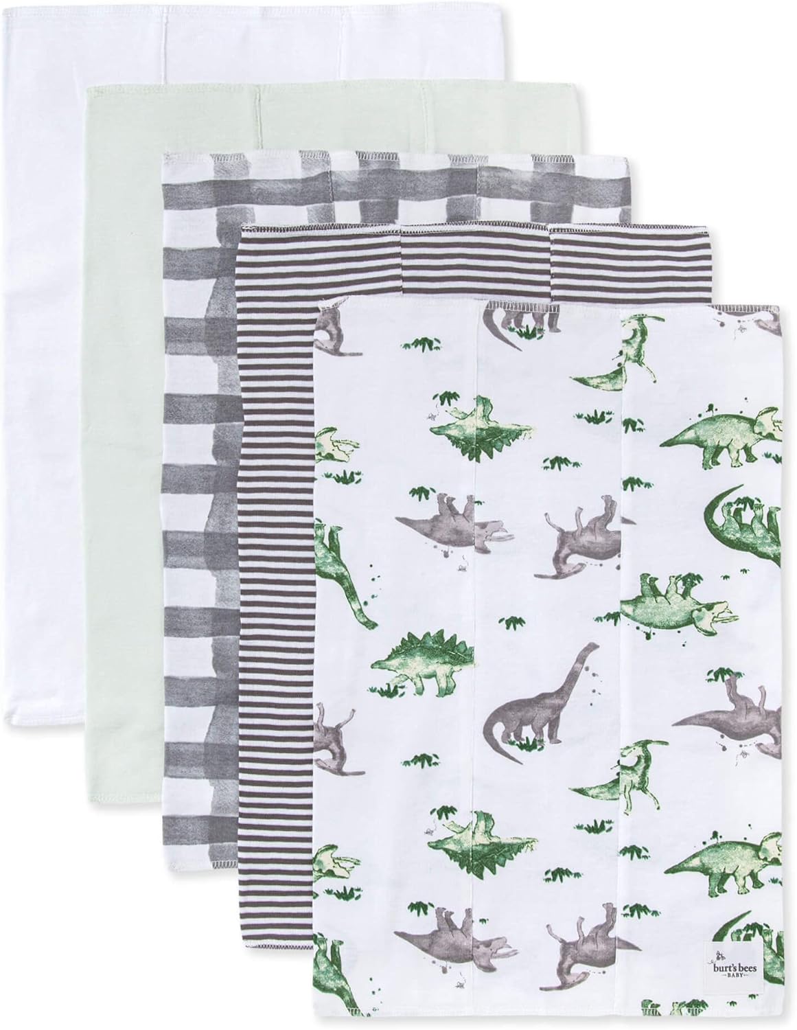 Burt's Bees Baby Organic Cotton Burp Cloths, 5-Pack, 17 x 12 Inches, Soft, Absorbent, Machine Washable, Happy Herbivores Solid Color