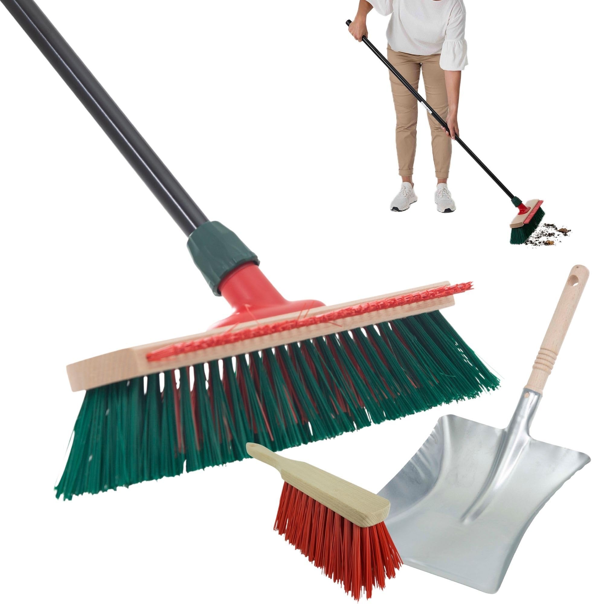 Novaliv Escoba de jardín con mango y barra rascadora, 40 cm, cerdas de elaston, incluye recogedor galvanizado con borde de goma compuesto de recogedor y escoba de mano, escoba de patio, escoba para