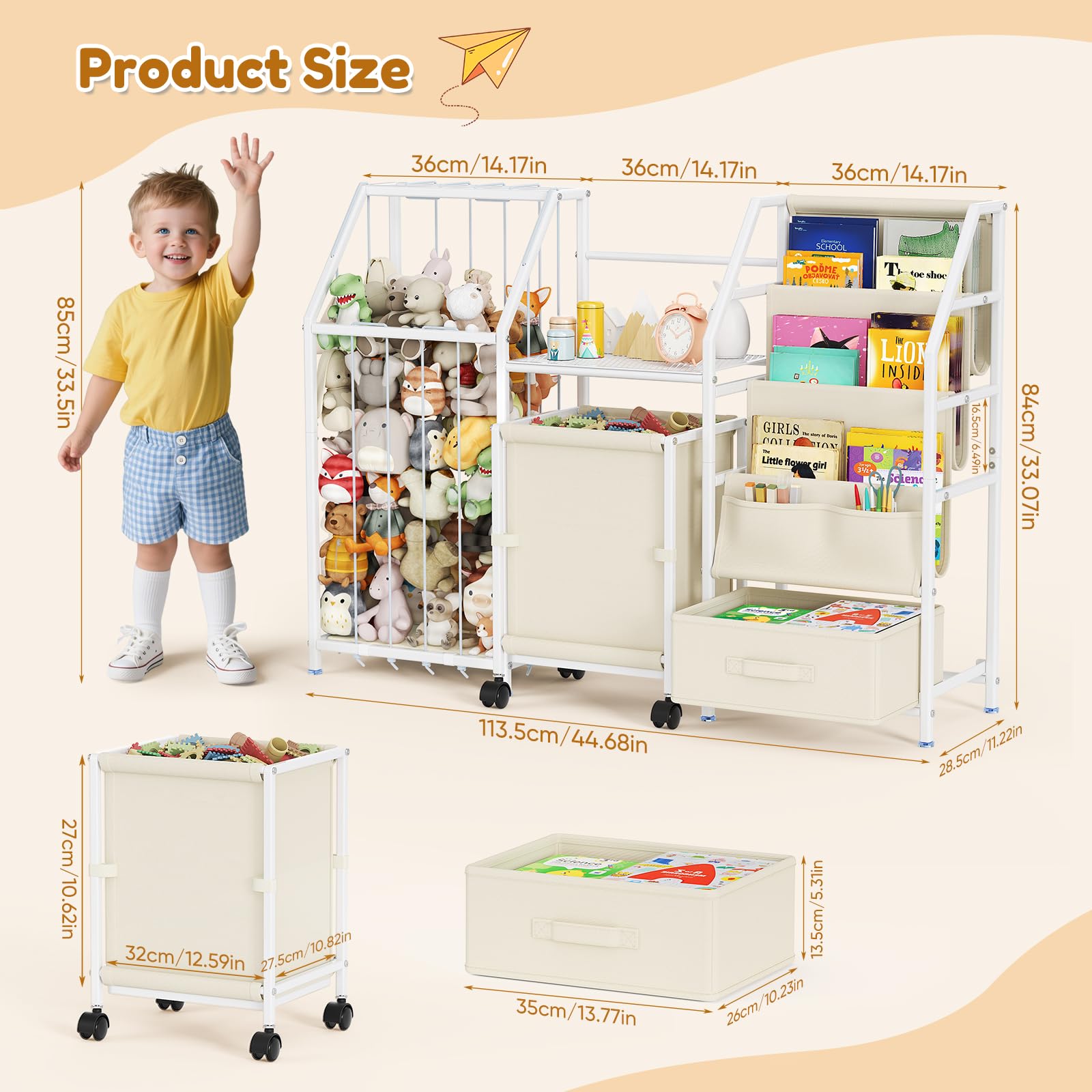 Libreria per bambini con ruote e cassetto, scaffale giocattolo con 4