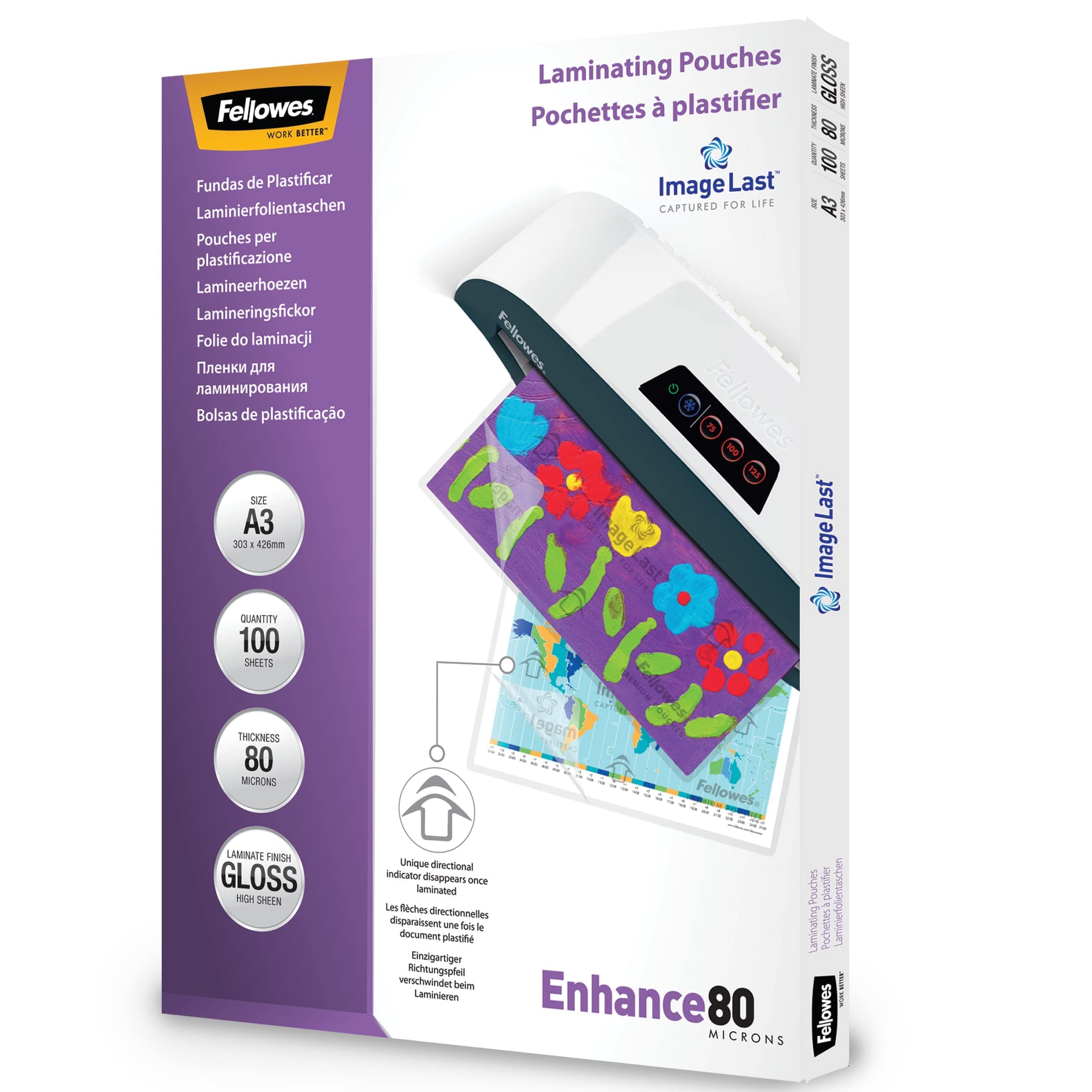 Fellowes Plastificatrice Saturn 3i A3, 80-125 Micron, Con Pouches Lucide Enhance80 A3 e A4, 210 Pezzi Totali
