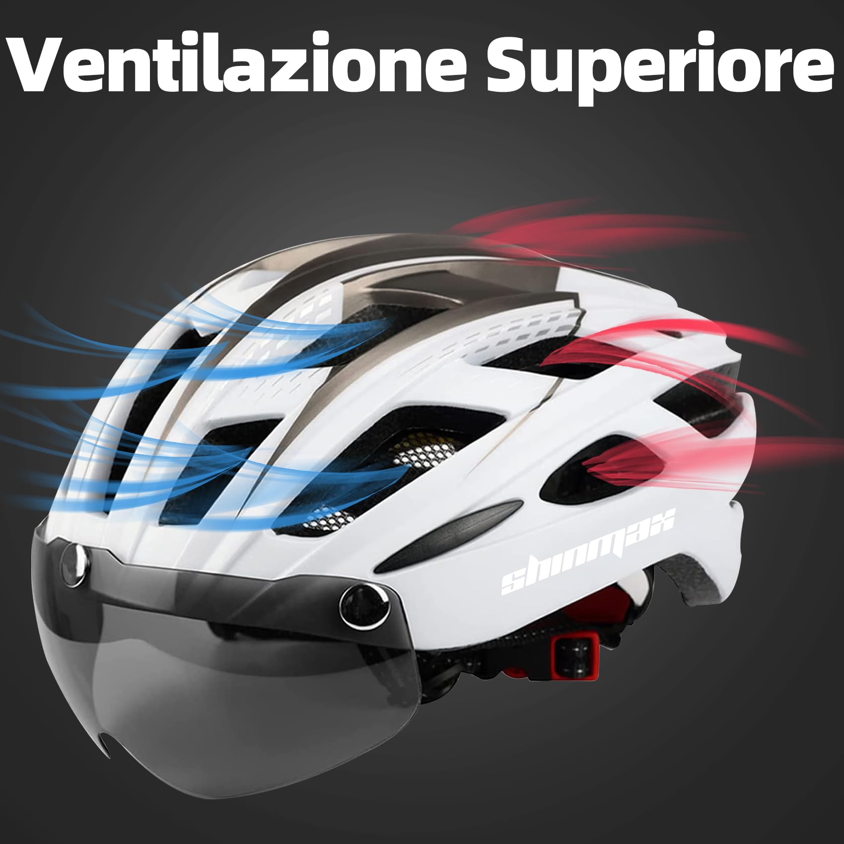 Shinmax Casco Bici con Luce di LED,Casco Bici Uomo Donna con Visiera Magnetica Staccabile Rimovibile Occhiali Casco MTB Ultraleggero Casco Bici Adulto Traspirante Caschi Bicicletta Ciclismo NR-096