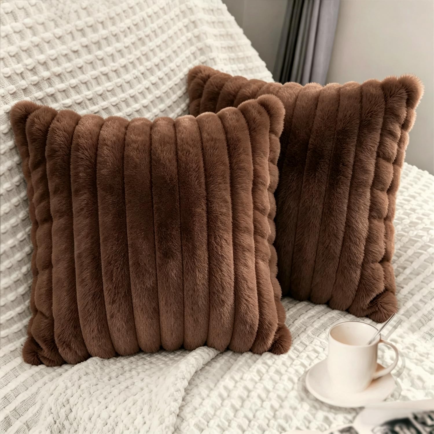 2 Pack 26x26 Pillow Cover Velvet Pillow Covers, Faux Fur Square Throw Pillow Covers for Living Room Decorations Throw Pillow Case, Throw Pillow Cover Cushion Cover for Sofa Bedroom Car, Brown