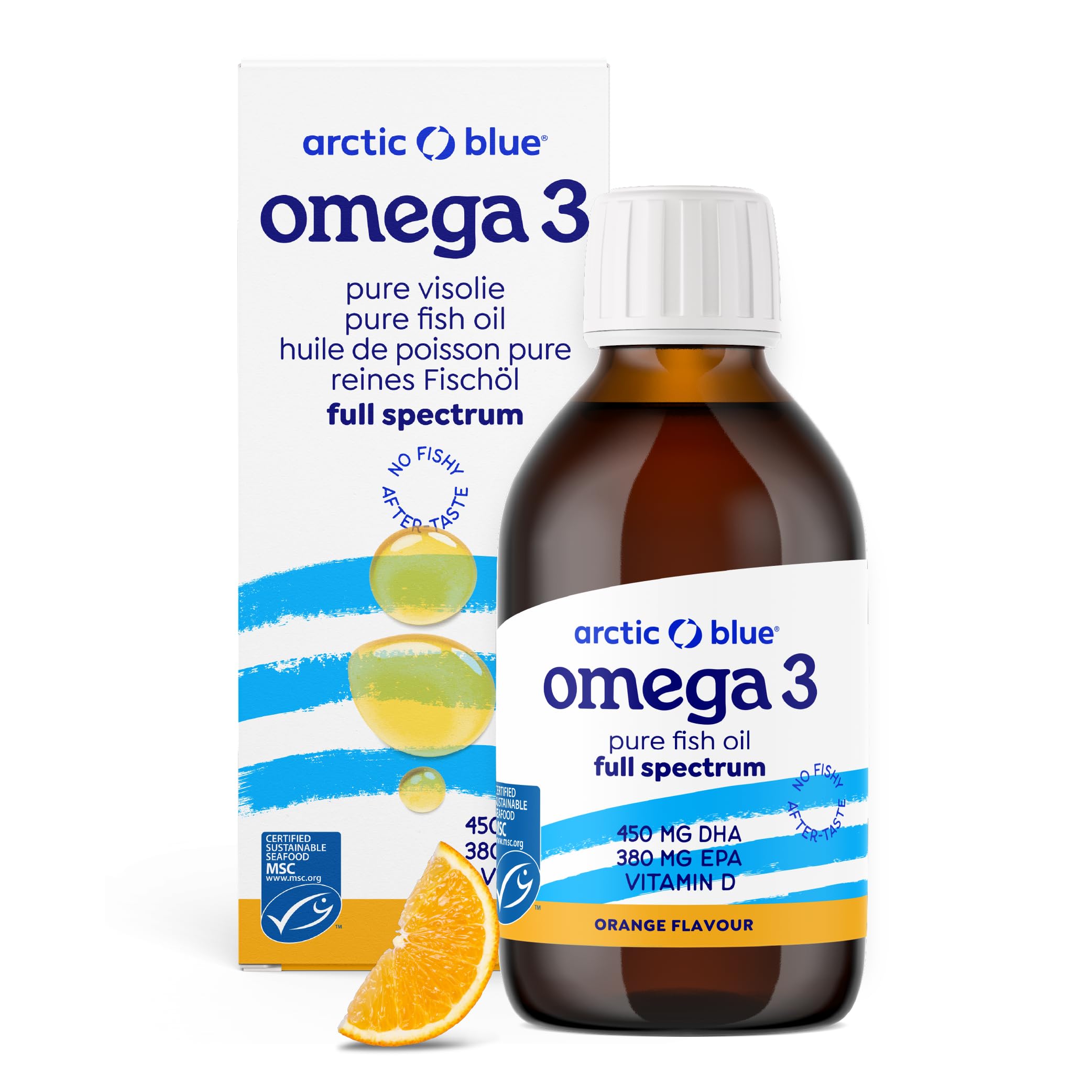 Arctic Blue Omega 3 Fischöl – 250 ml flüssig – MSC-Zertifiziert - hochdosiert mit DHA, EPA und Vitamin D – ohne Aufstoßen oder Fischgeruch – arktisches Fischöl – Orangengeschmack