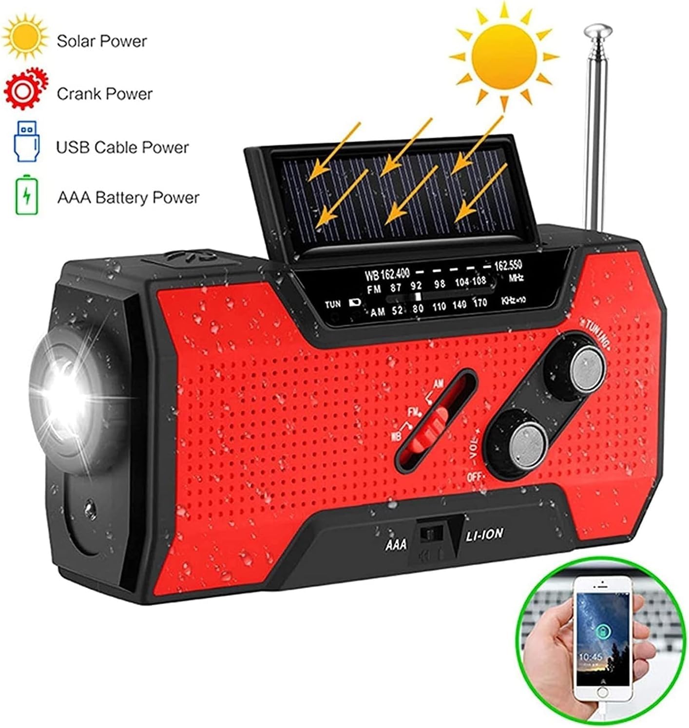 Wielofunkcyjne radio pogodowe z korbką, latarkami LED, alarmem SOS, ładowarką do telefonu komórkowego, radiem AM/FM/NOAA, idealne w sytuacjach awaryjnych