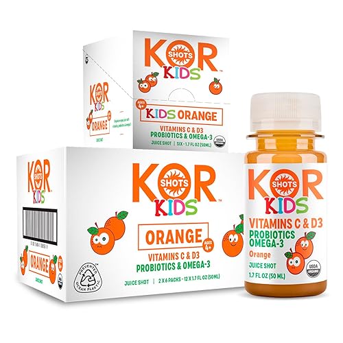 KOR Shot S Kids Orange - Paquete de 18 x 1.7 onzas líquidas - Inmunidad - Orgánico certificado por USDA