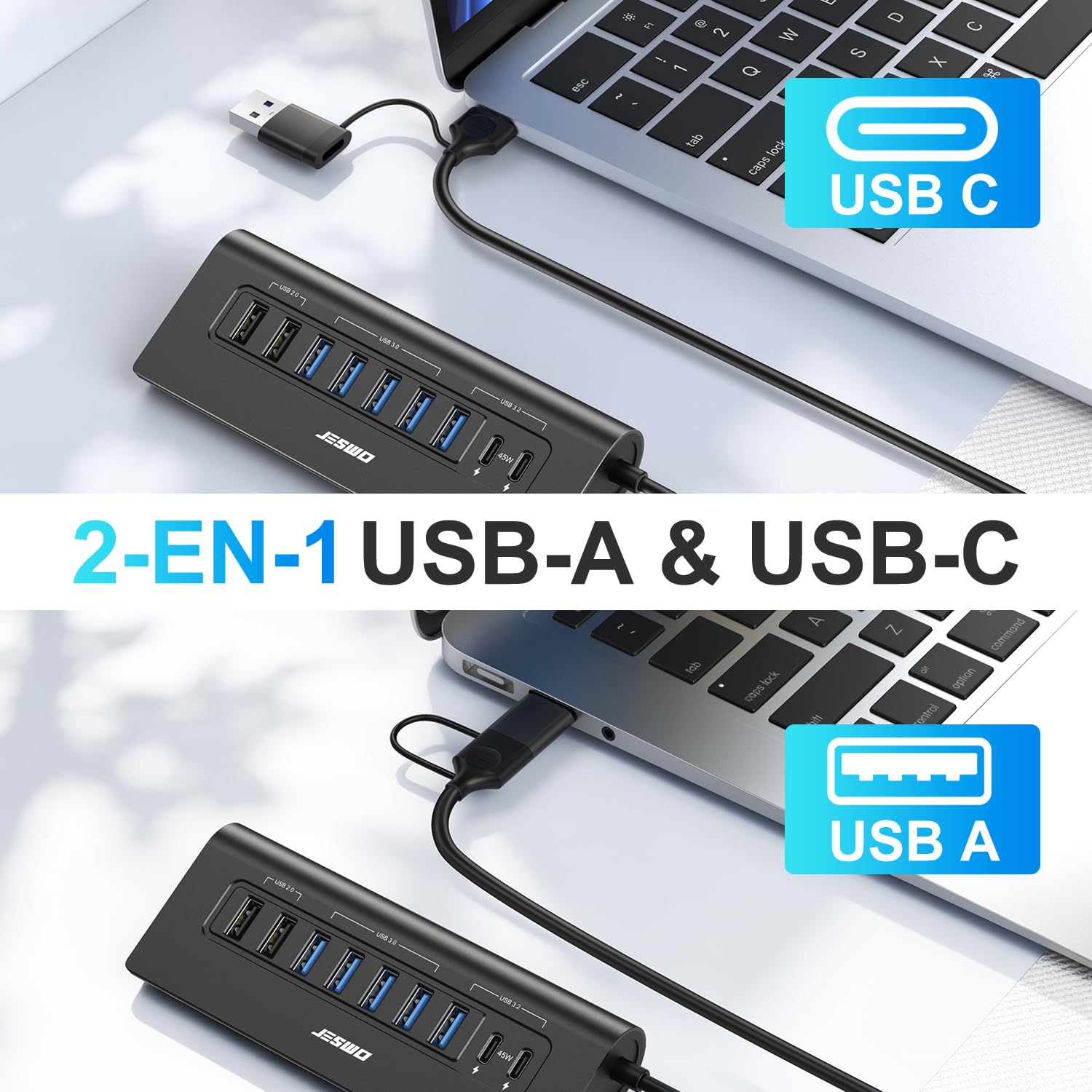 JESWO 65W Hub USB C Alimentato 9 Porte Alluminio Hub USB 3.2 10Gbps(USB A+C