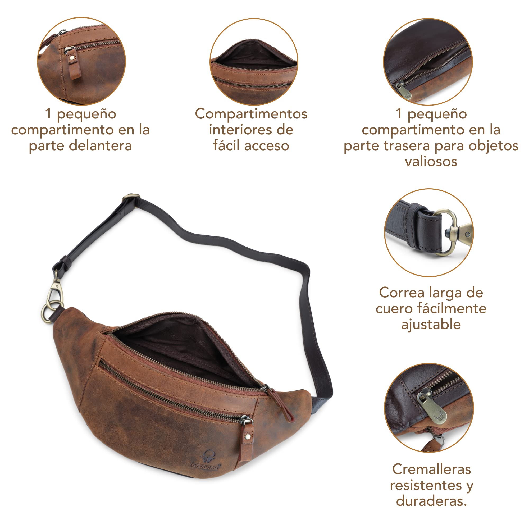 DONBOLSO Riñonera Seattle | Riñonera Hippie Hecha a Mano en Piel con Aspecto Vintage | Bolsa de Cintura Hombres y Mujeres | Vintage Marrón
