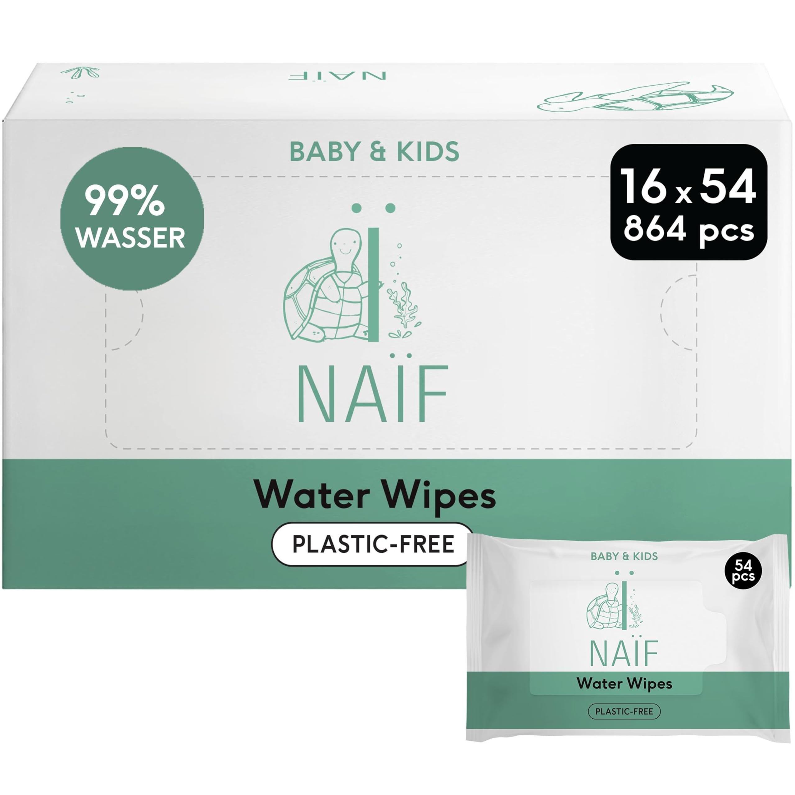 Naïf Boîte de lingettes sans plastique naturelle pour bébé et enfant, sans parfum, 864 lingettes (16 x 54 lingettes), 100% végétalien