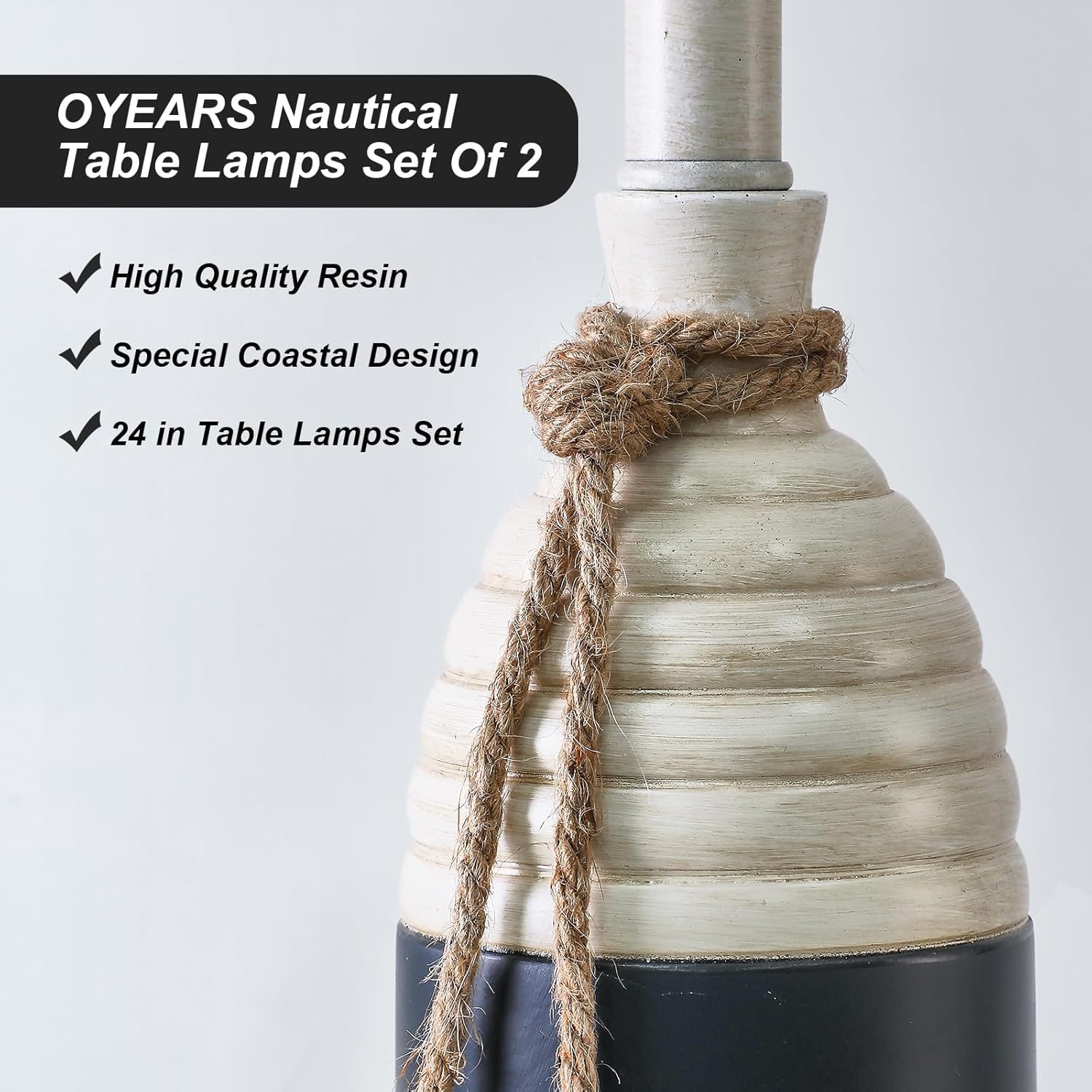 OYEARS Set Of 2 Nautical Table Lamps – 23.75" Coastal Bedside Lamps, Navy Blue Resin With Linen Shade