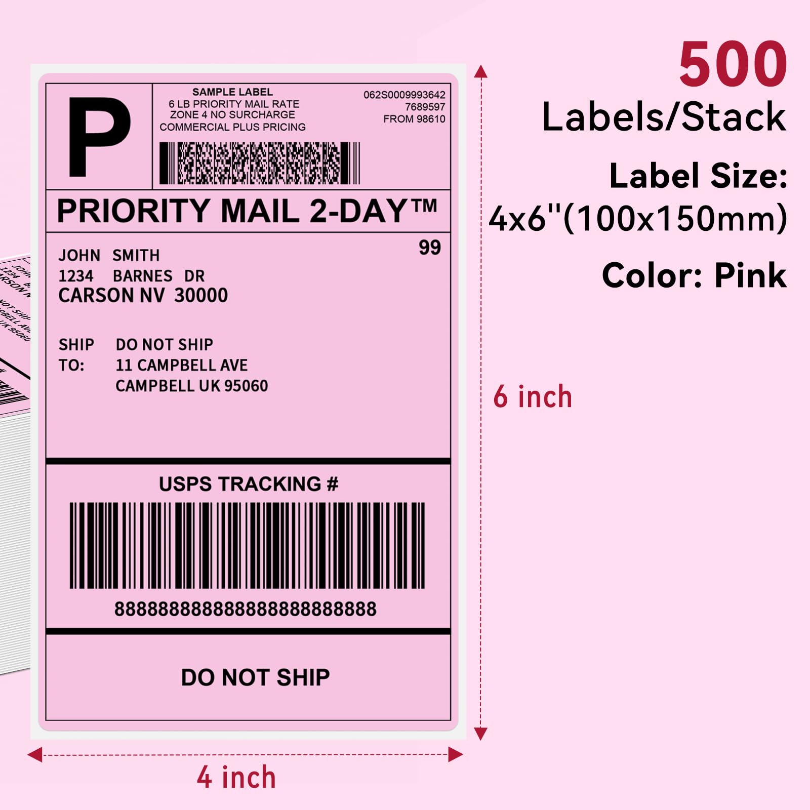 Etichette Termiche Per Spedizioni 100x150mm (6x4 Pollici) - Confezione Da 500 Pezzi, Colori Rosa E Blu