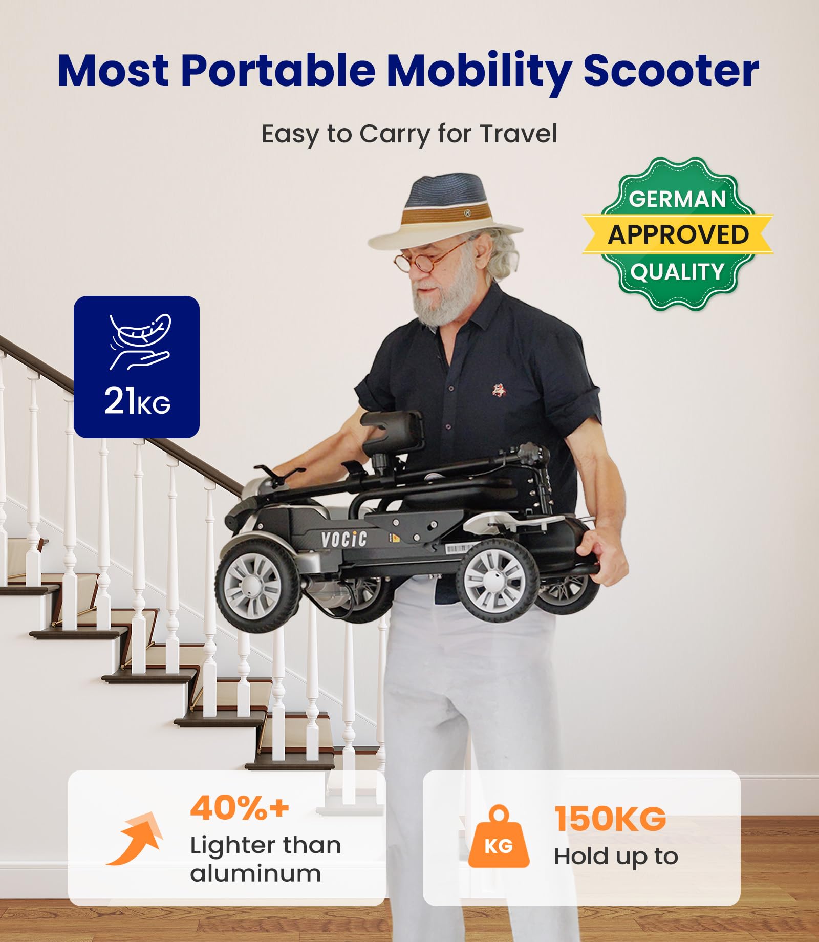 VOCIC D71 Scooter de movilidad ultraligero de carbono plegable 21 kg | 20 km de autonomía, soporta hasta 150 kg, marco ajustable, fácil de transportar y apto para viajar en avión, Plata