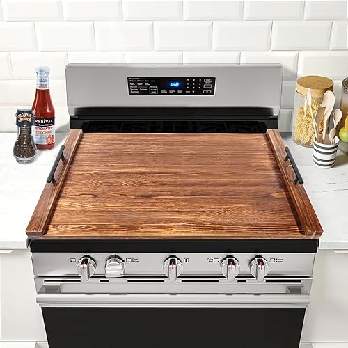 Miniatura 7 de Cubierta para estufa de fideos, cubierta superior de estufa de madera ultra gruesa con asas hechas de madera de pino maciza, cubiertas superiores de