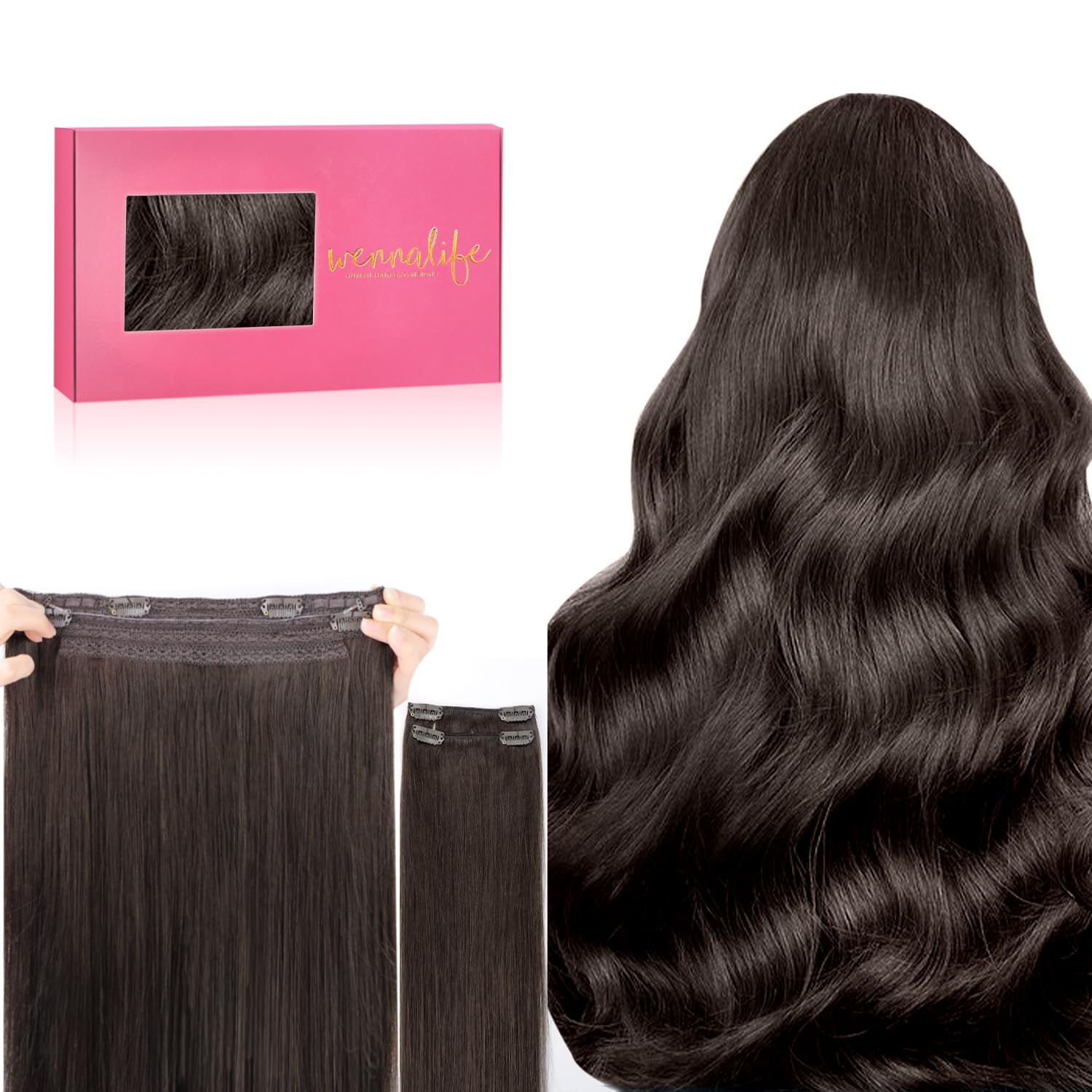 WENNALIFE Wire Hair Extensions (Increase 50% Lifespan) Real Human Hair 14 inch 75g Balayage Dark Brown to Chestnut Remy Invisible Transparent Fish Line — view 61