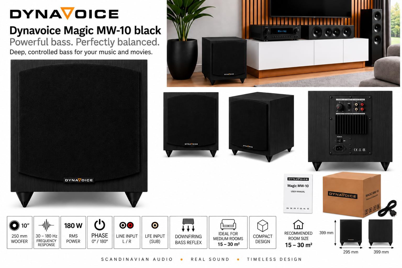 DYNAVOICE Magic MW-10 Noir Mat – Caisson de Basses Actif 10 Pouces, 180W RMS (250W Max), Bass Reflex, Contrôle de Phase et Filtre Passe-Bas | pour Home Cinéma 5.1 et système HiFi.
