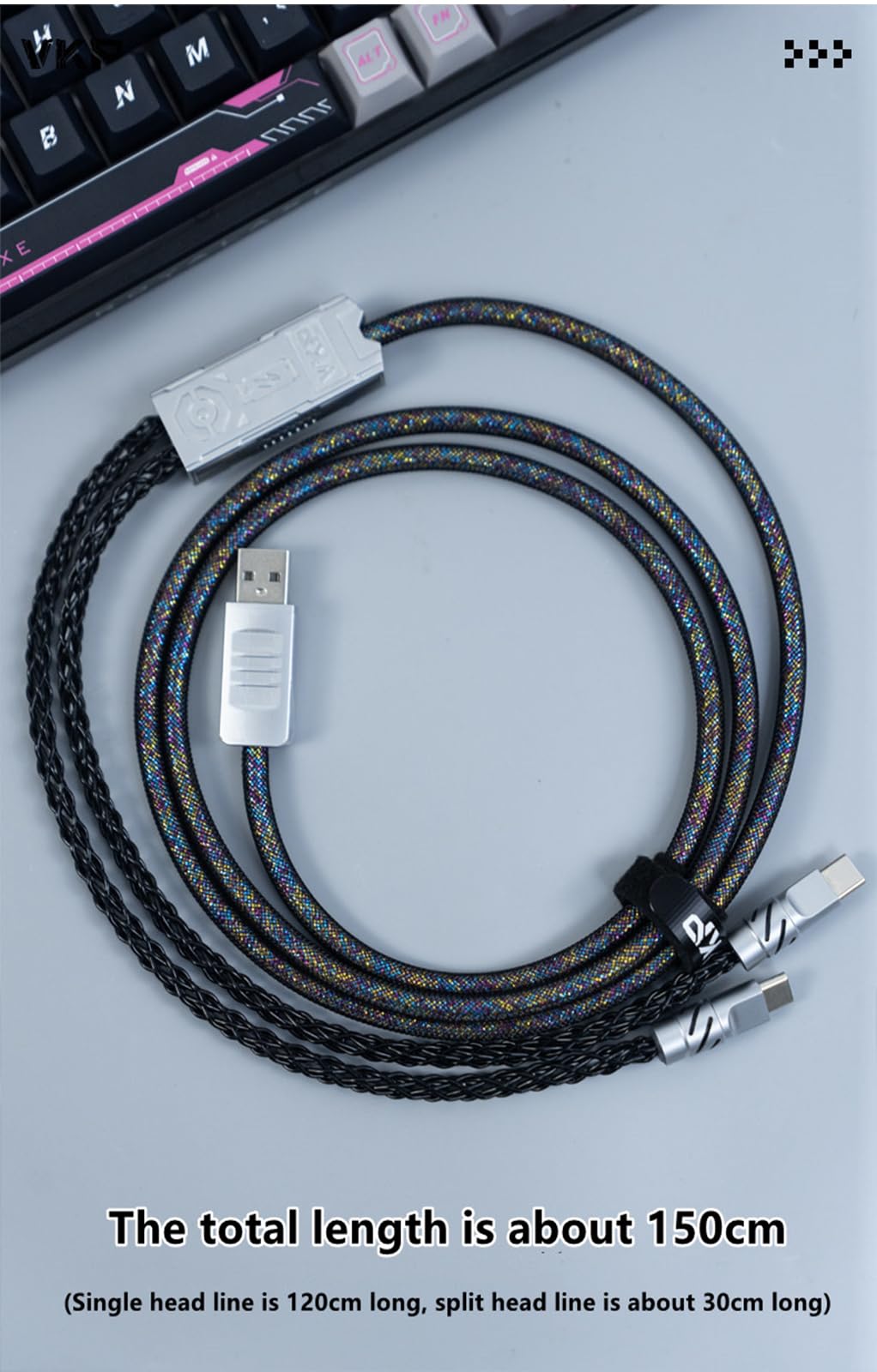 Câble USB C double axe magnétique 2 en 1 pour clavier mécanique 8 K, câble flash RVB épais, stable sans interruption, prise aviation en métal pour claviers/souris/hubs, 1,5 m (noir)