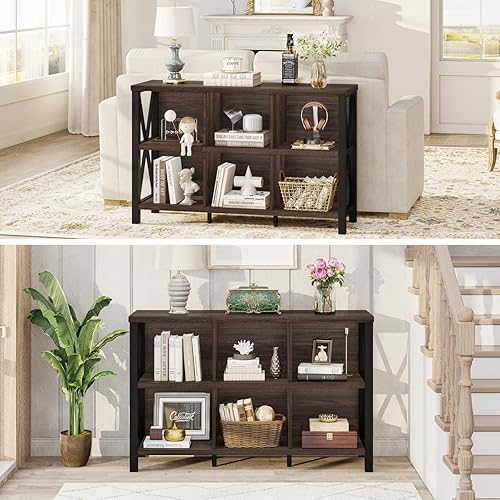 Vista 7 de FATORRI Organizador de almacenamiento de 6 cubos con estante, estantería horizontal corta para sala de estar, estantería de madera y metal, estante