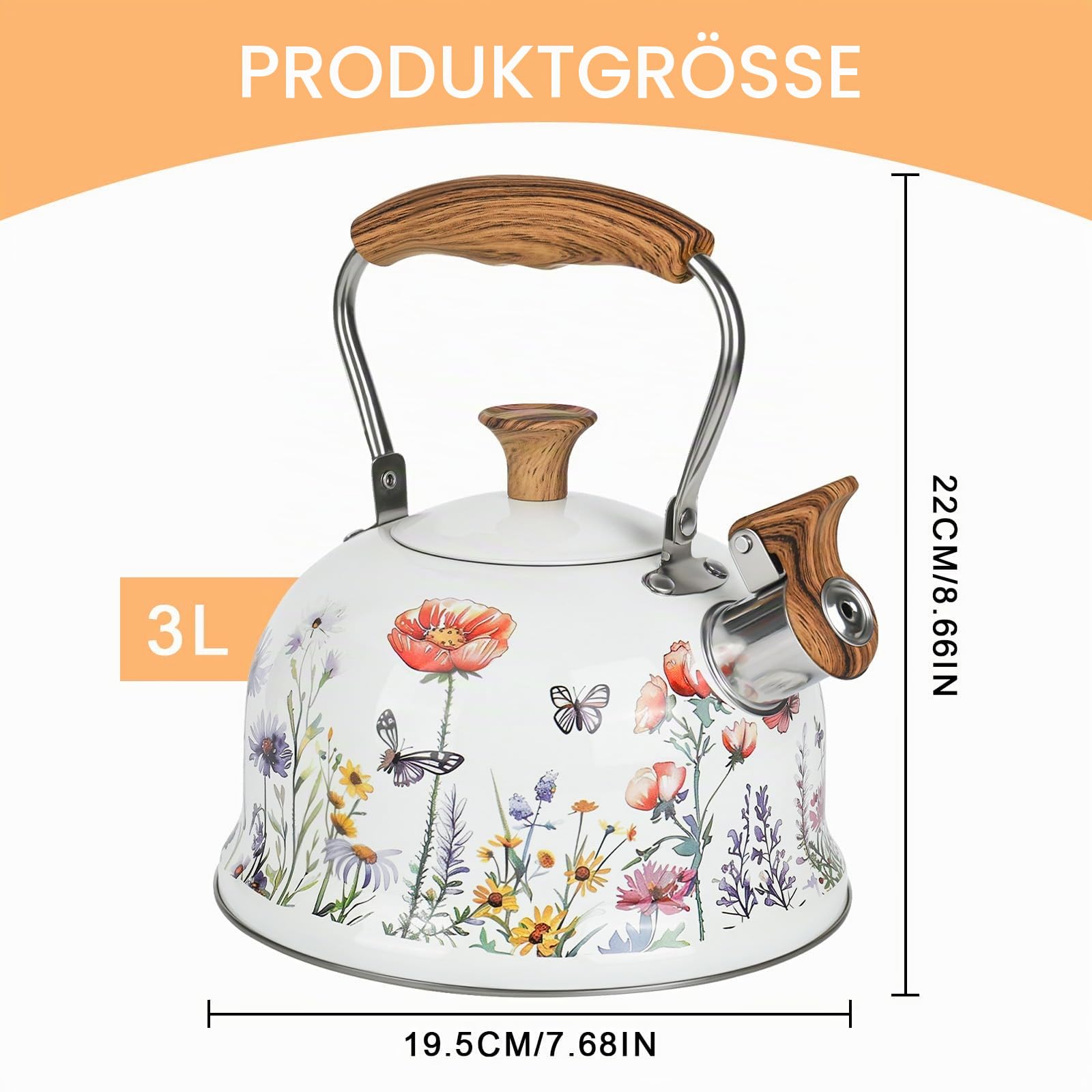 Pfeifkessel, 2,5 Liter Herdkessel für Gasherd mit hitzebeständigem Holzmuster-Griff, lebensmittelechter Edelstahl, Herdkessel – Pfeifende Teekanne, Induktionskessel für Herdplatten und Gasherde