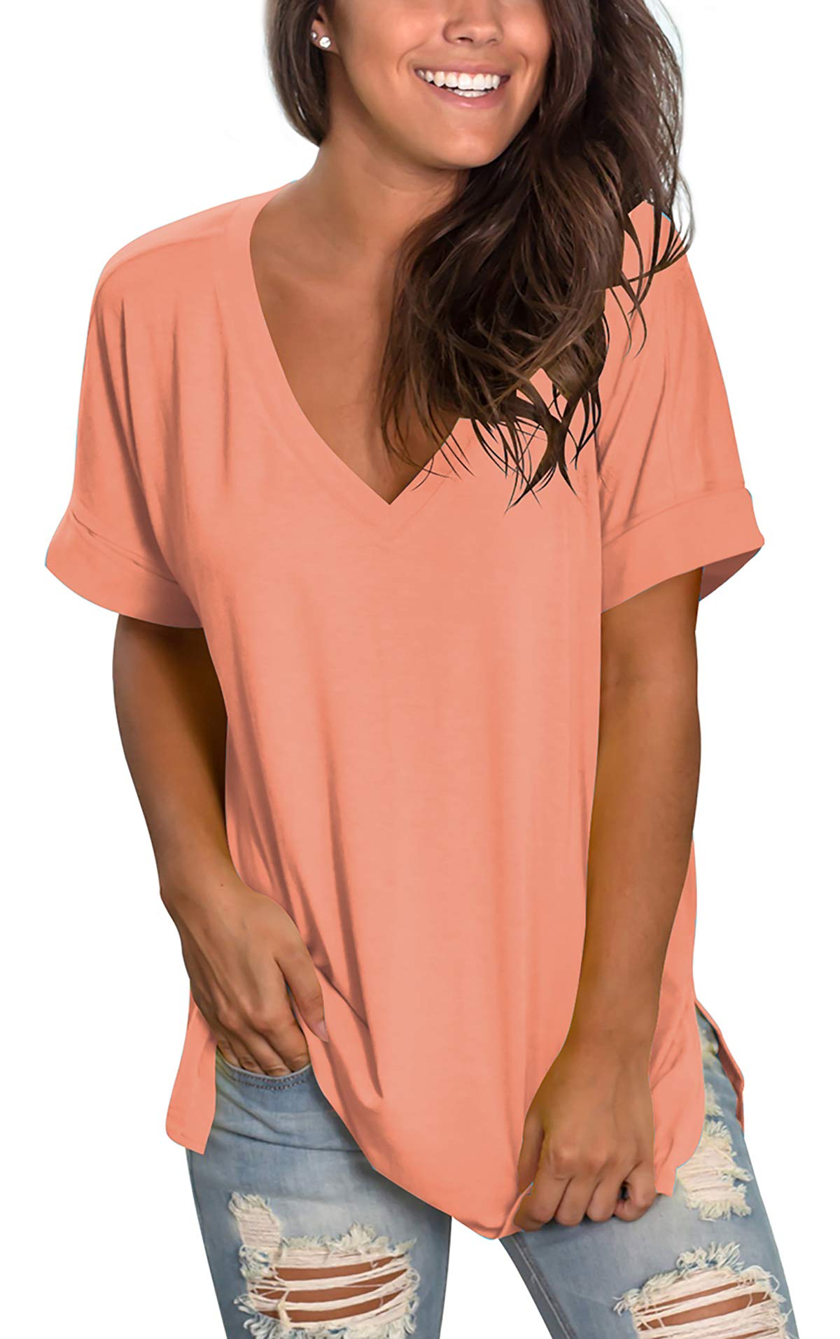 SAMPEEL Women's V Neck T Shirts Casual Rolled Short Sleeve Side Split Summer Tops Loose Fit