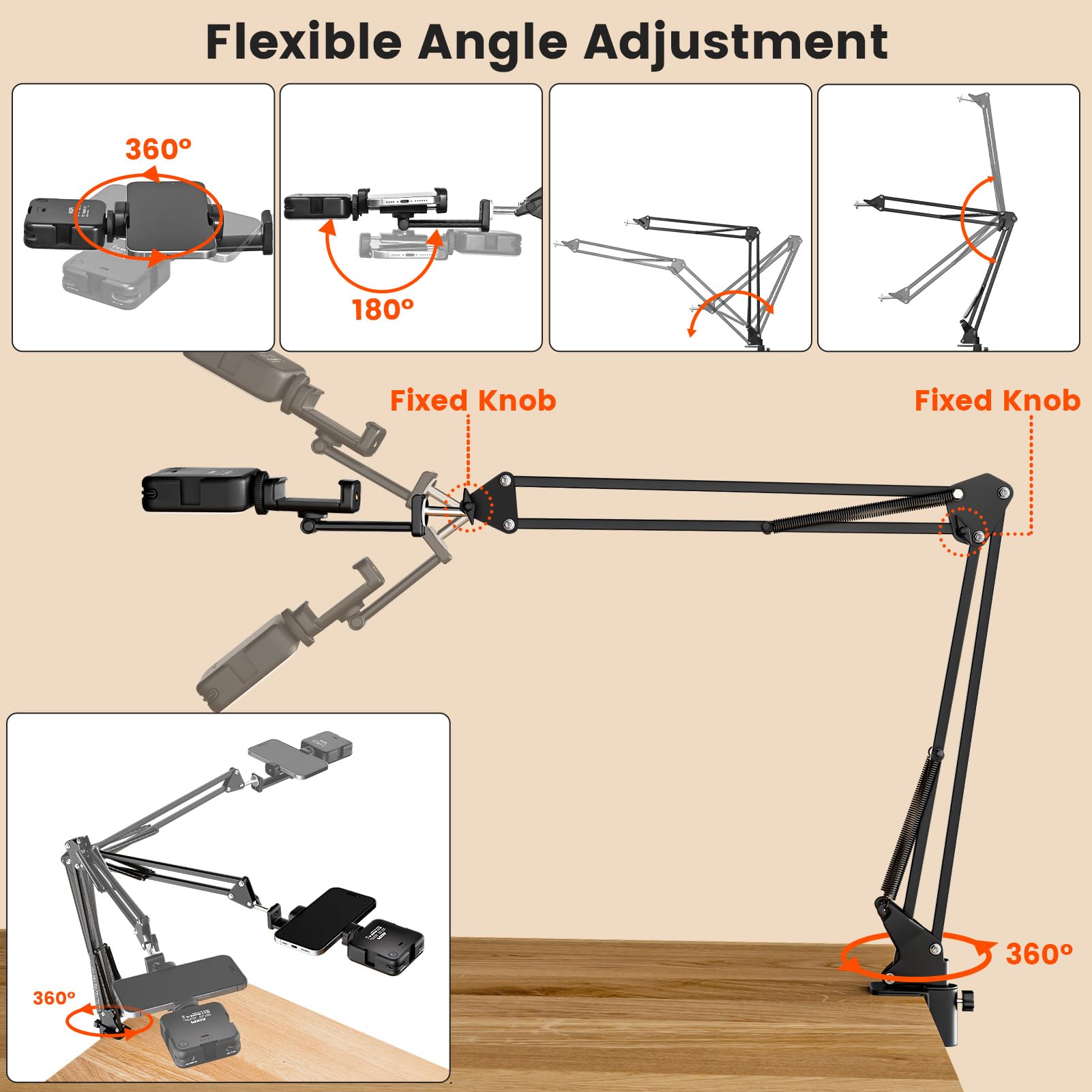 Overhead Stativ Handy mit Licht,Winkel einstellbar Handy Stativ mit Licht 3 Lichtfarben Einstellbare Helligkeit Ringlicht Flexiblem Arm Halterung für Tiktok, YouTube, Live-Streaming, Videoaufnahmem
